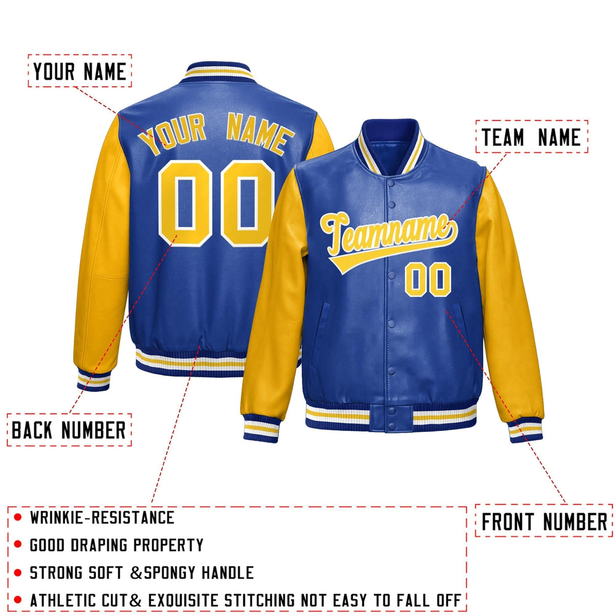 Custom Royal Blue Yellow Raglan Sleeves Full-Snap Varsity Faux Leather Letterman Jacket| KXKSHOP
