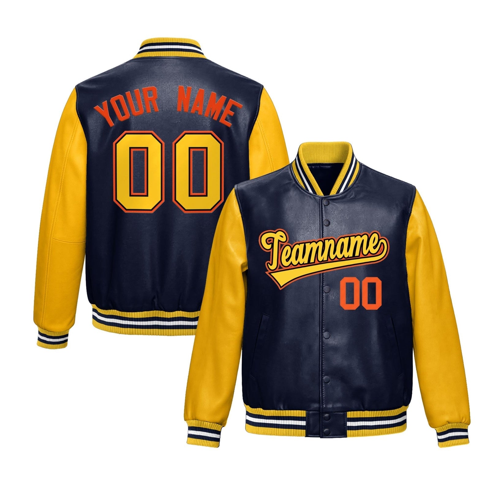 Custom Navy Yellow Orange Raglan Sleeves Full-Snap Varsity Faux Leather Letterman Jacket| KXKSHOP