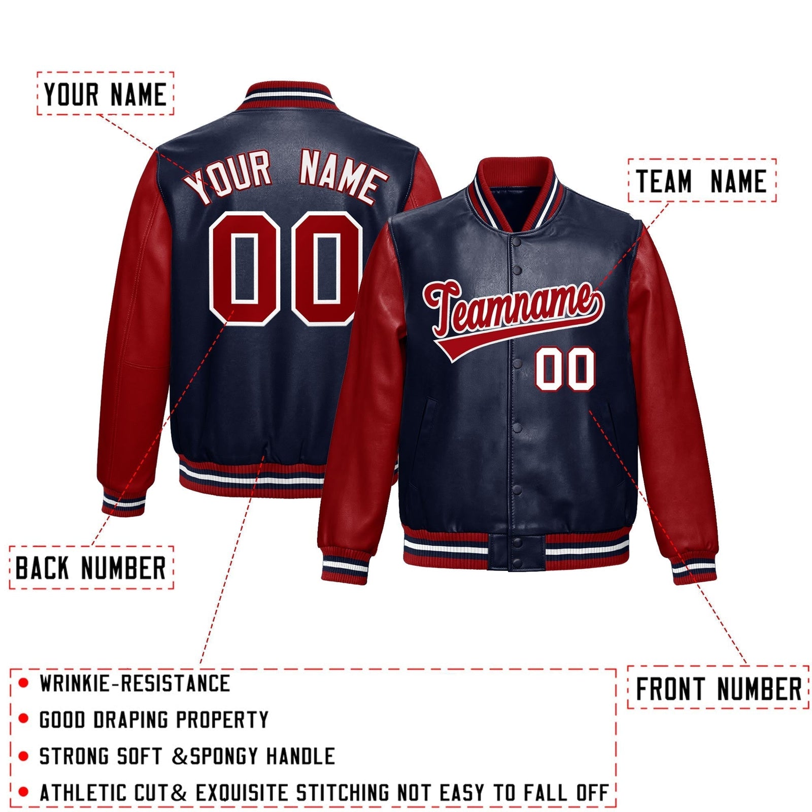 Custom Navy Red Raglan Sleeves Full-Snap Varsity Faux Leather Letterman Jacket| KXKSHOP