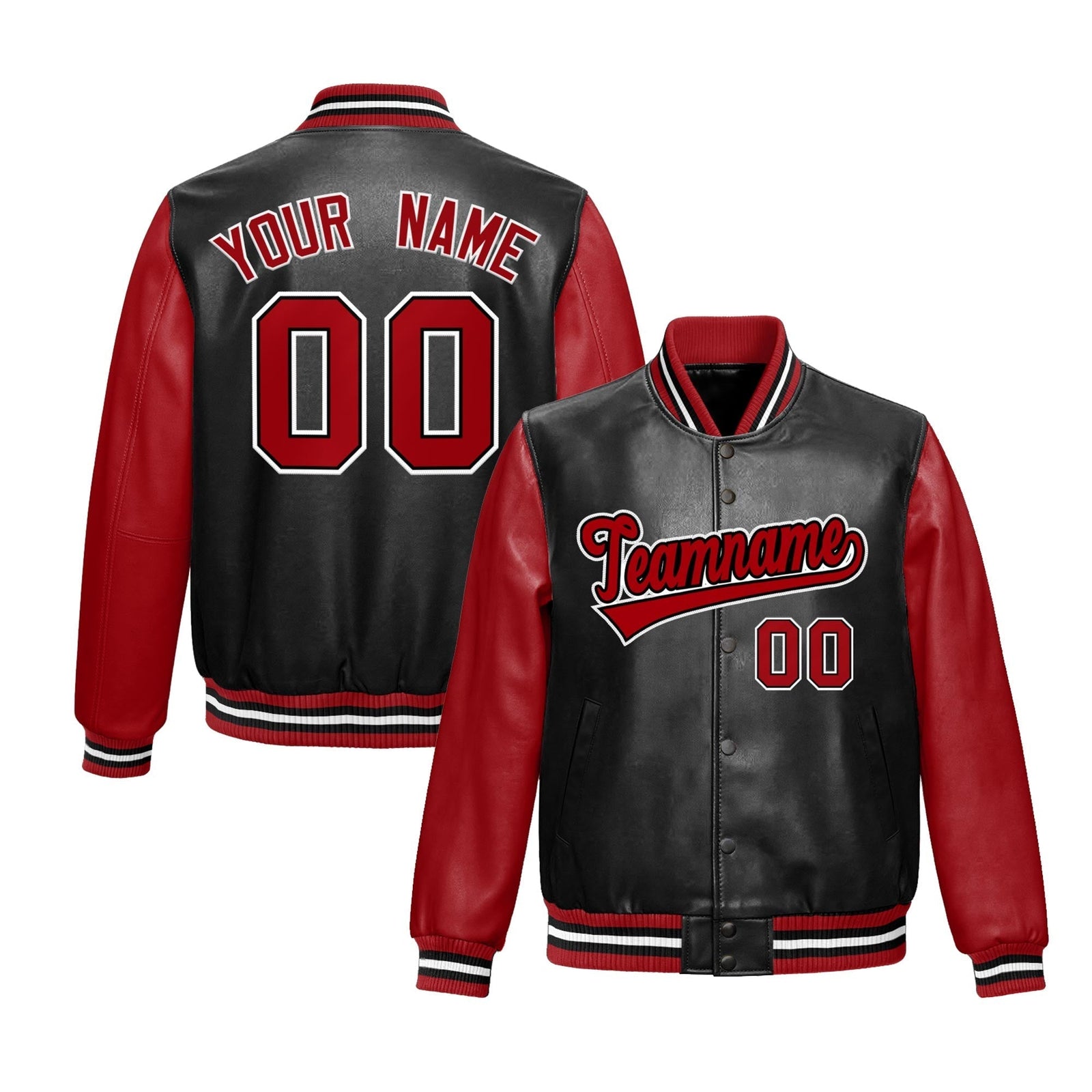 Custom Black Red Raglan Sleeves Full-Snap Varsity Faux Leather Letterman Jacket| KXKSHOP