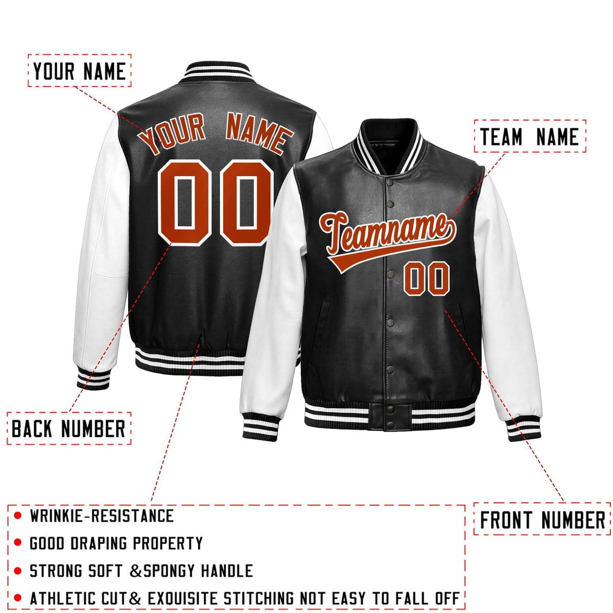 Custom Black White Dark Orange Raglan Sleeves Full-Snap Varsity Faux Leather Letterman Jacket| KXKSHOP
