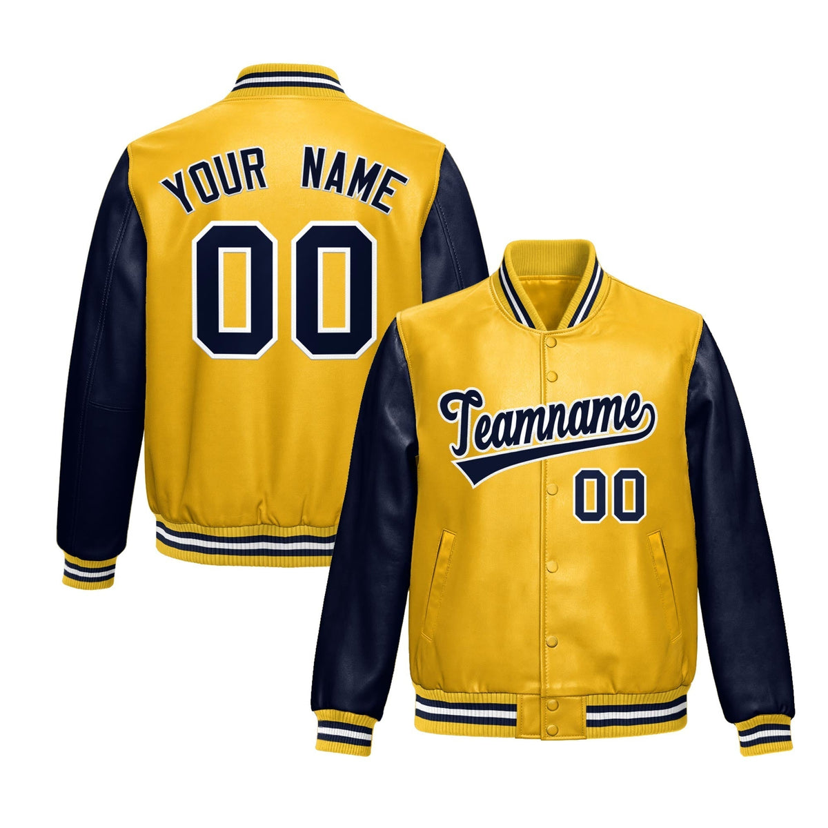 Custom Yellow Navy Raglan Sleeves Full-Snap Varsity Faux Leather Letterman Jacket| KXKSHOP