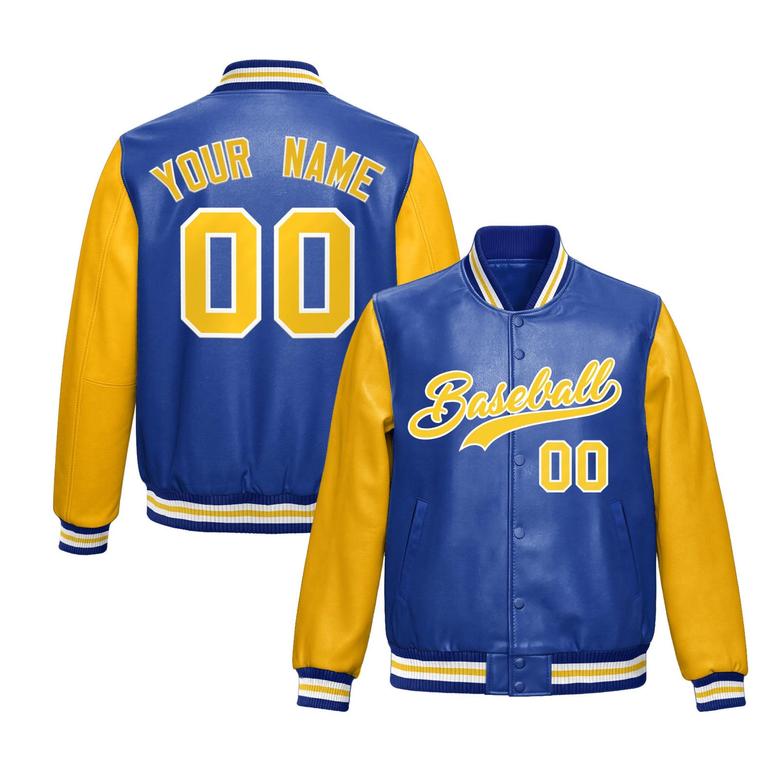 Custom Royal Blue Yellow Raglan Sleeves Full-Snap Varsity Faux Leather Letterman Jacket| KXKSHOP