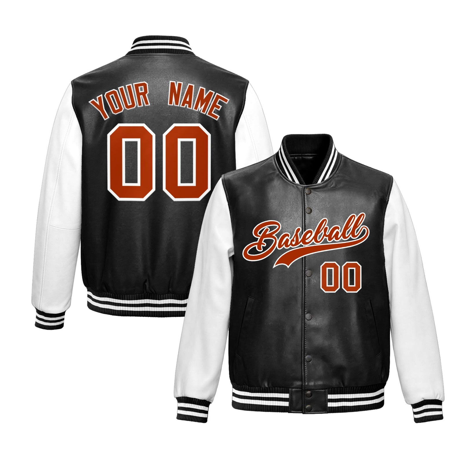 Custom Black White Dark Orange Raglan Sleeves Full-Snap Varsity Faux Leather Letterman Jacket| KXKSHOP
