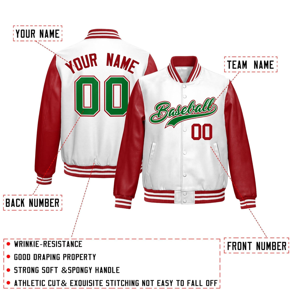 Custom White Red Kelly Green Raglan Sleeves Full-Snap Varsity Faux Leather Letterman Jacket| KXKSHOP