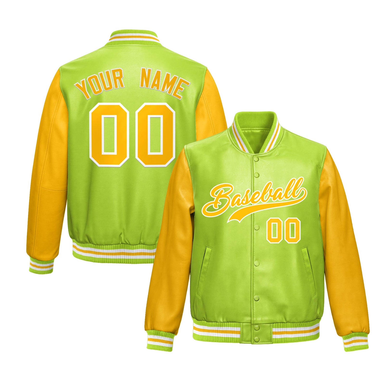 Custom Neon Green Yellow Raglan Sleeves Full-Snap Varsity Faux Leather Letterman Jacket| KXKSHOP