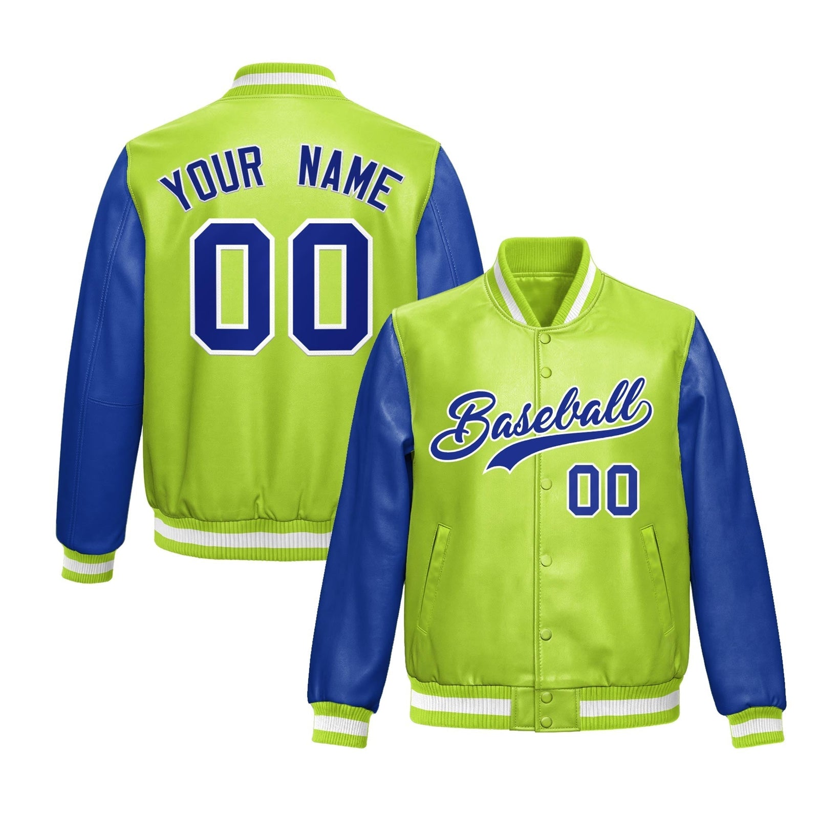 Custom Neon Green Royal Blue Raglan Sleeves Full-Snap Varsity Faux Leather Letterman Jacket| KXKSHOP