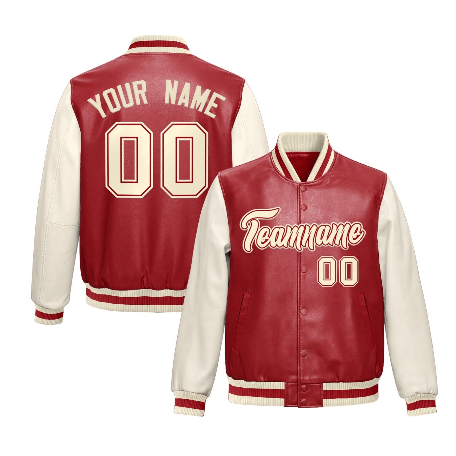 Custom Red Cream Raglan Sleeves Full-Snap Varsity Faux Leather Letterman Jacket| KXKSHOP