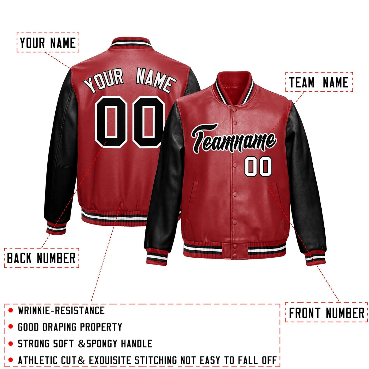 Custom Red Black Raglan Sleeves Full-Snap Varsity Faux Leather Letterman Jacket| KXKSHOP
