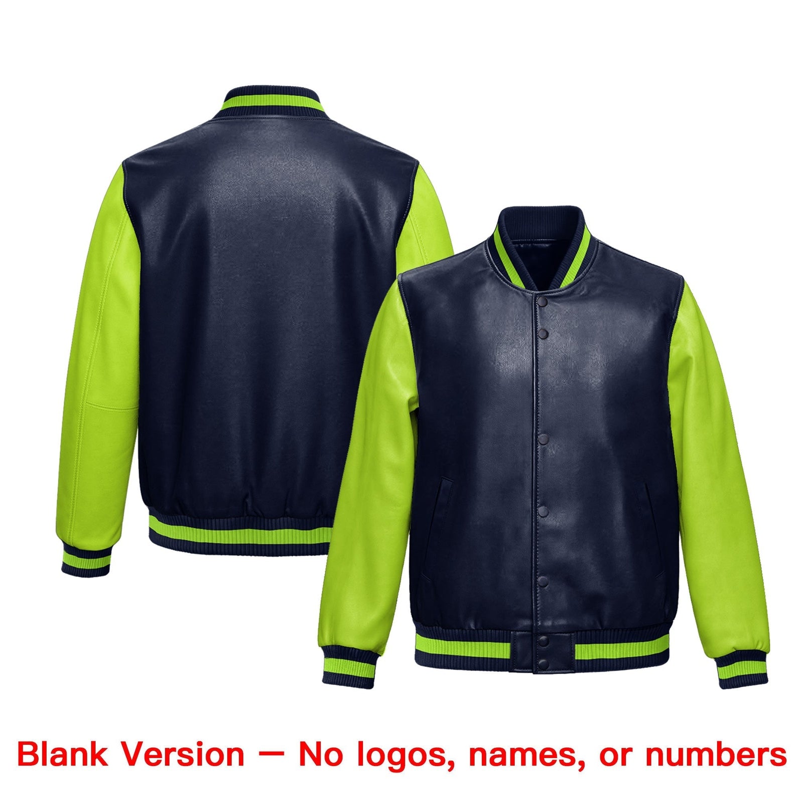 Custom Neon Green Navy Raglan Sleeves Full-Snap Varsity Faux Leather Letterman Jacket| KXKSHOP