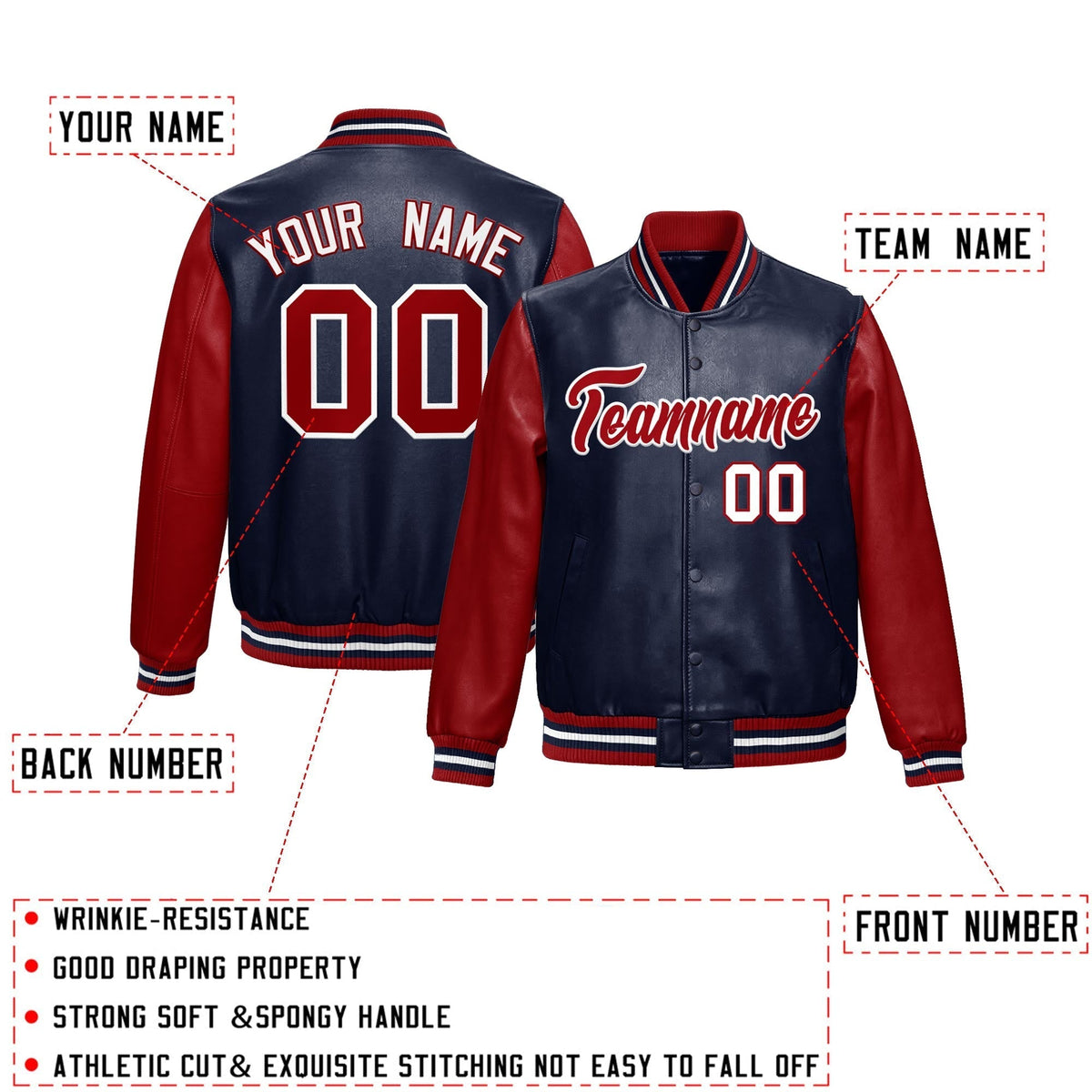 Custom Navy Red Raglan Sleeves Full-Snap Varsity Faux Leather Letterman Jacket| KXKSHOP