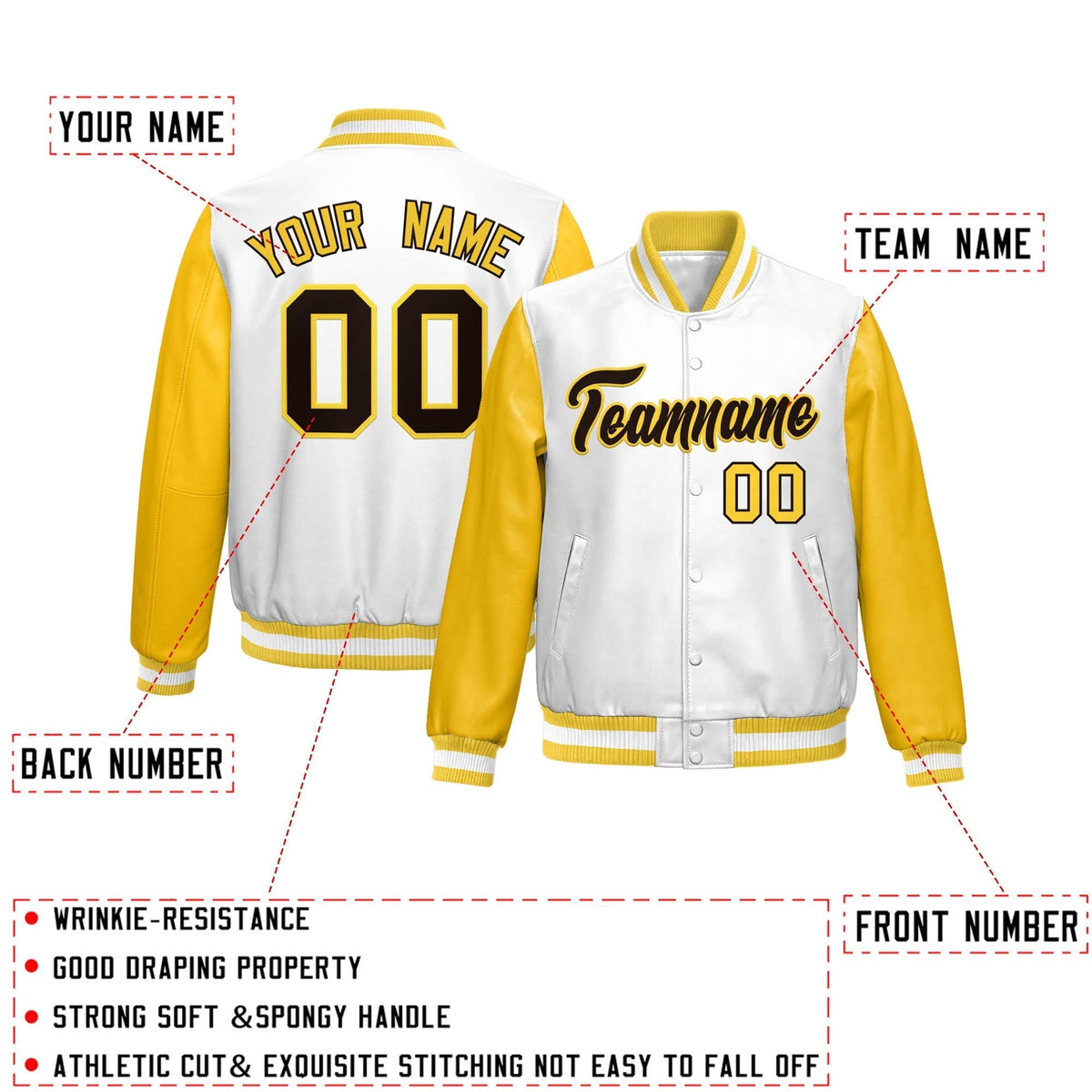 Custom White Yellow Raglan Sleeves Full-Snap Varsity Faux Leather Letterman Jacket| KXKSHOP