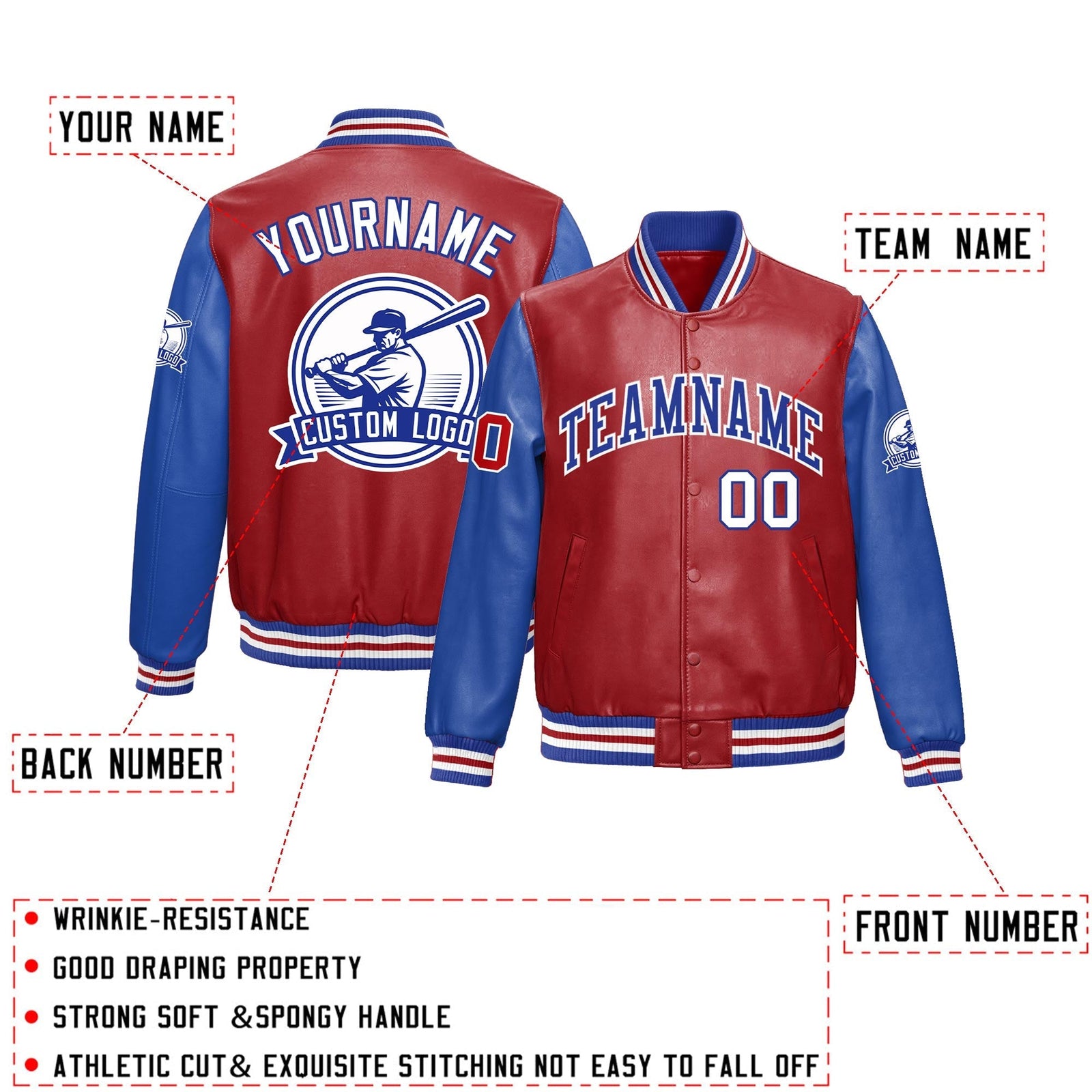 Custom Royal Blue White Raglan Sleeves Full-Snap Faux Leather Letterman Jacket| KXKSHOP