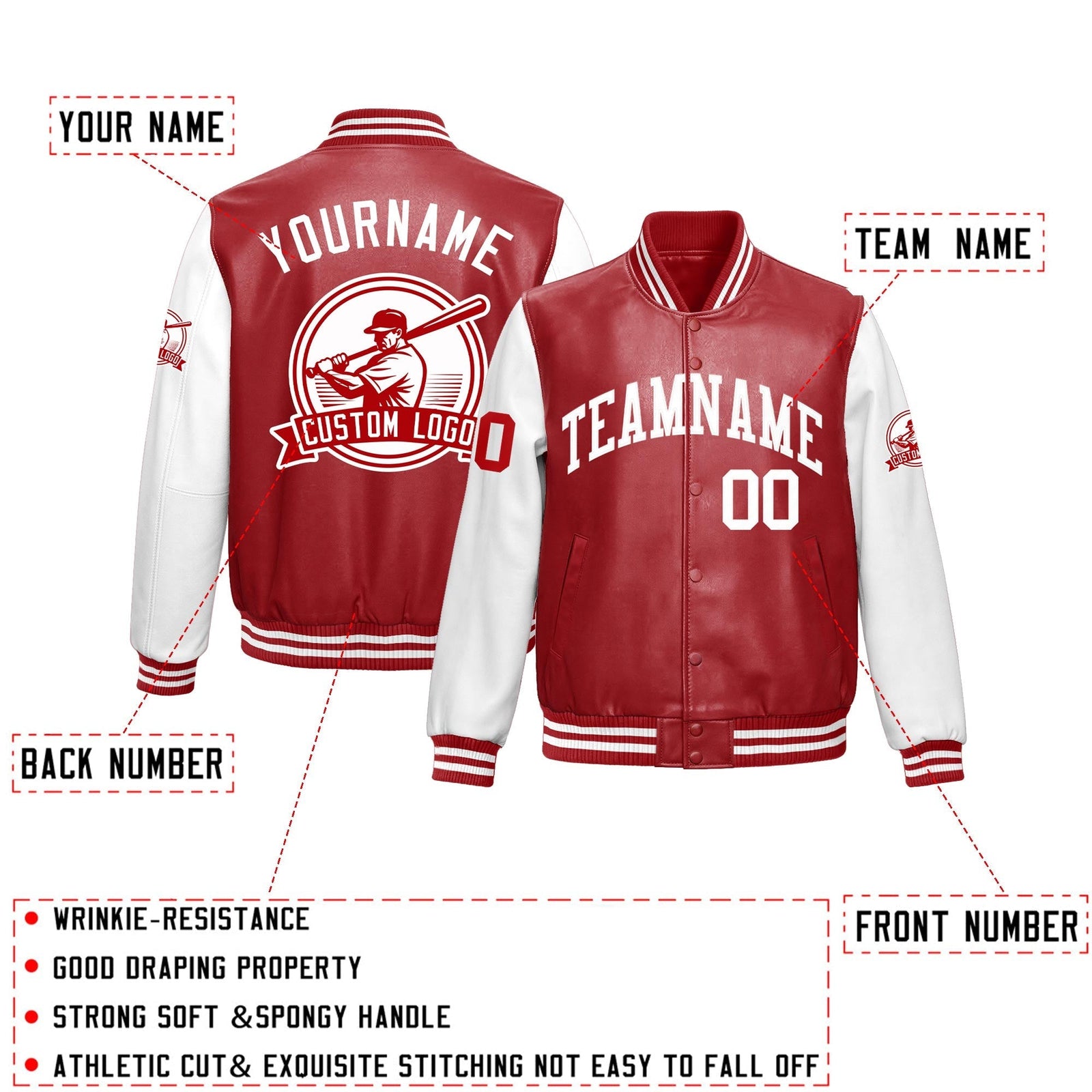 Custom Red White Raglan Sleeves Full-Snap Faux Leather Letterman Jacket| KXKSHOP