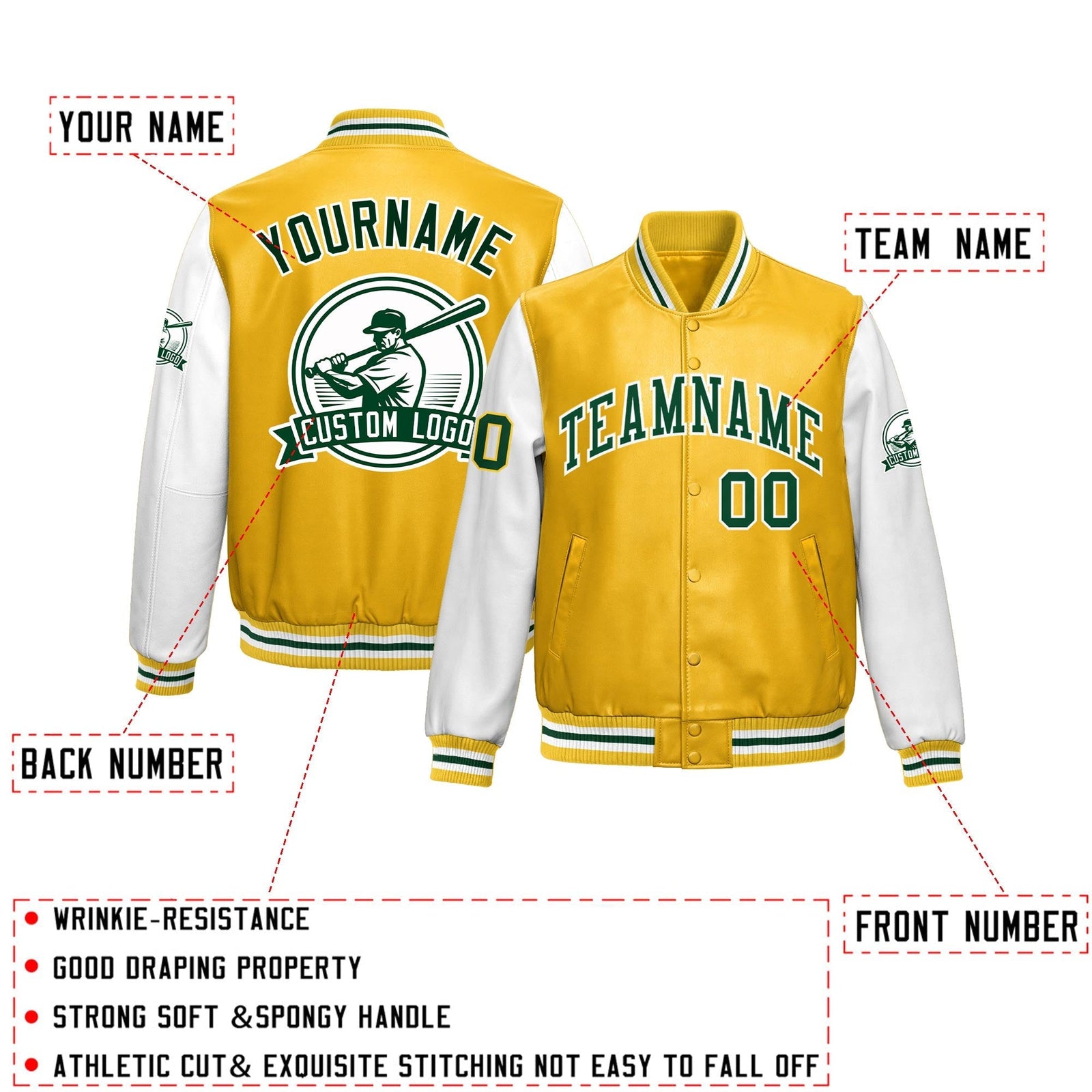 Custom Yellow White Raglan Sleeves Full-Snap Faux Leather Letterman Jacket| KXKSHOP