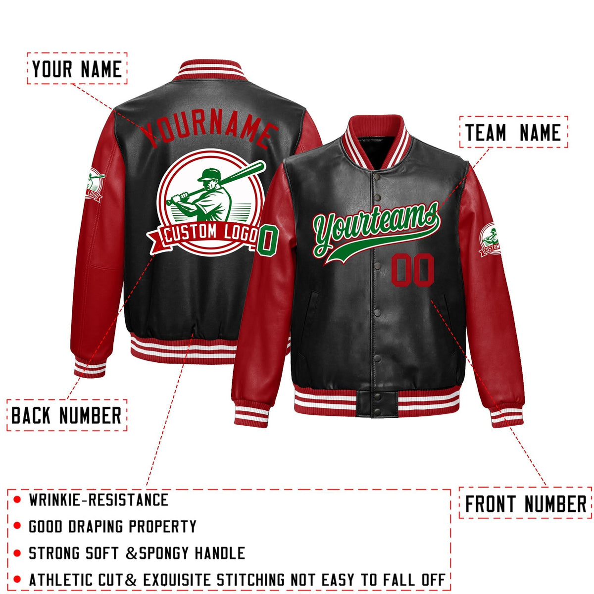 Custom Black Red Raglan Sleeves Full-Snap Faux Leather Letterman Jacket| KXKSHOP
