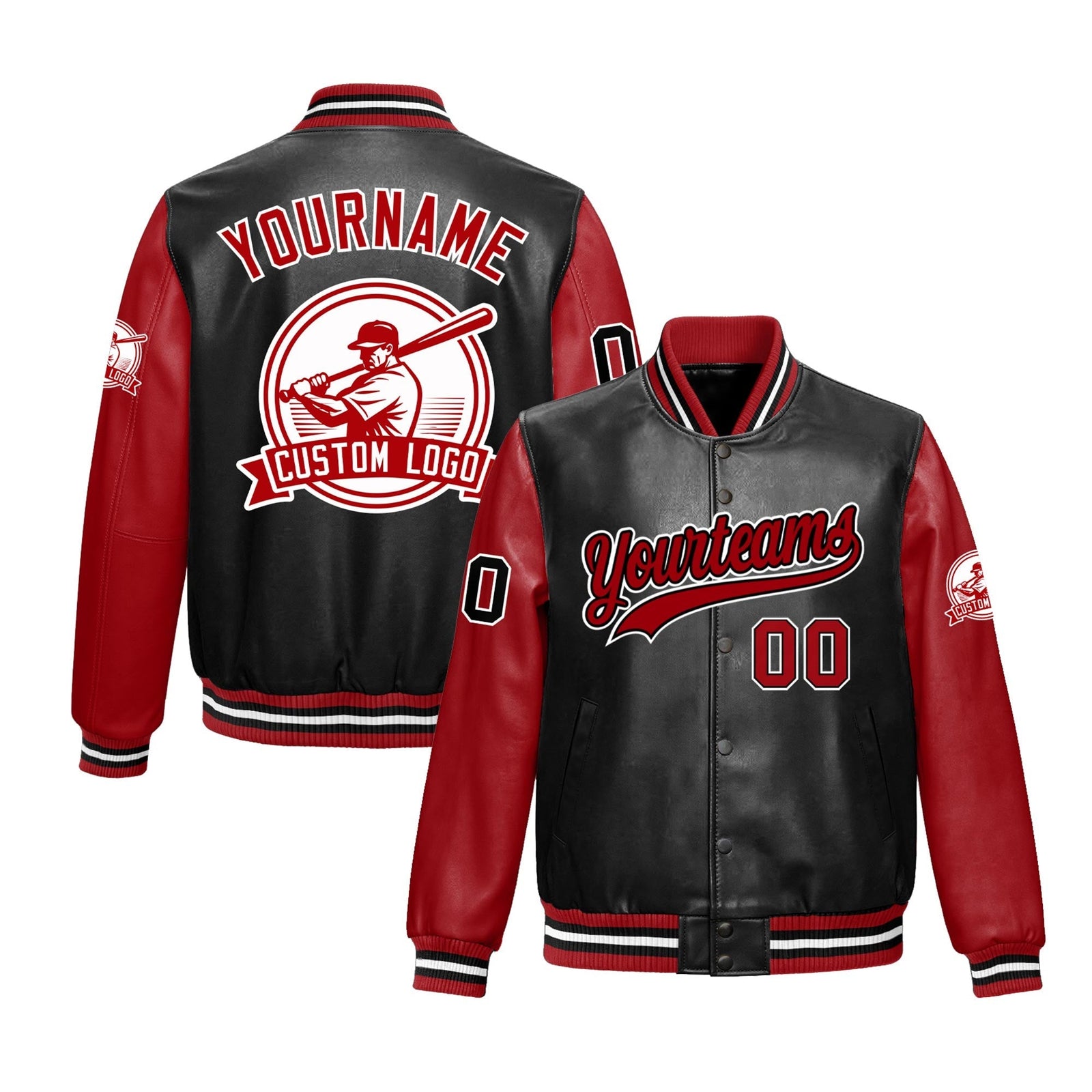 Custom Black Red Raglan Sleeves Full-Snap Faux Leather Letterman Jacket| KXKSHOP