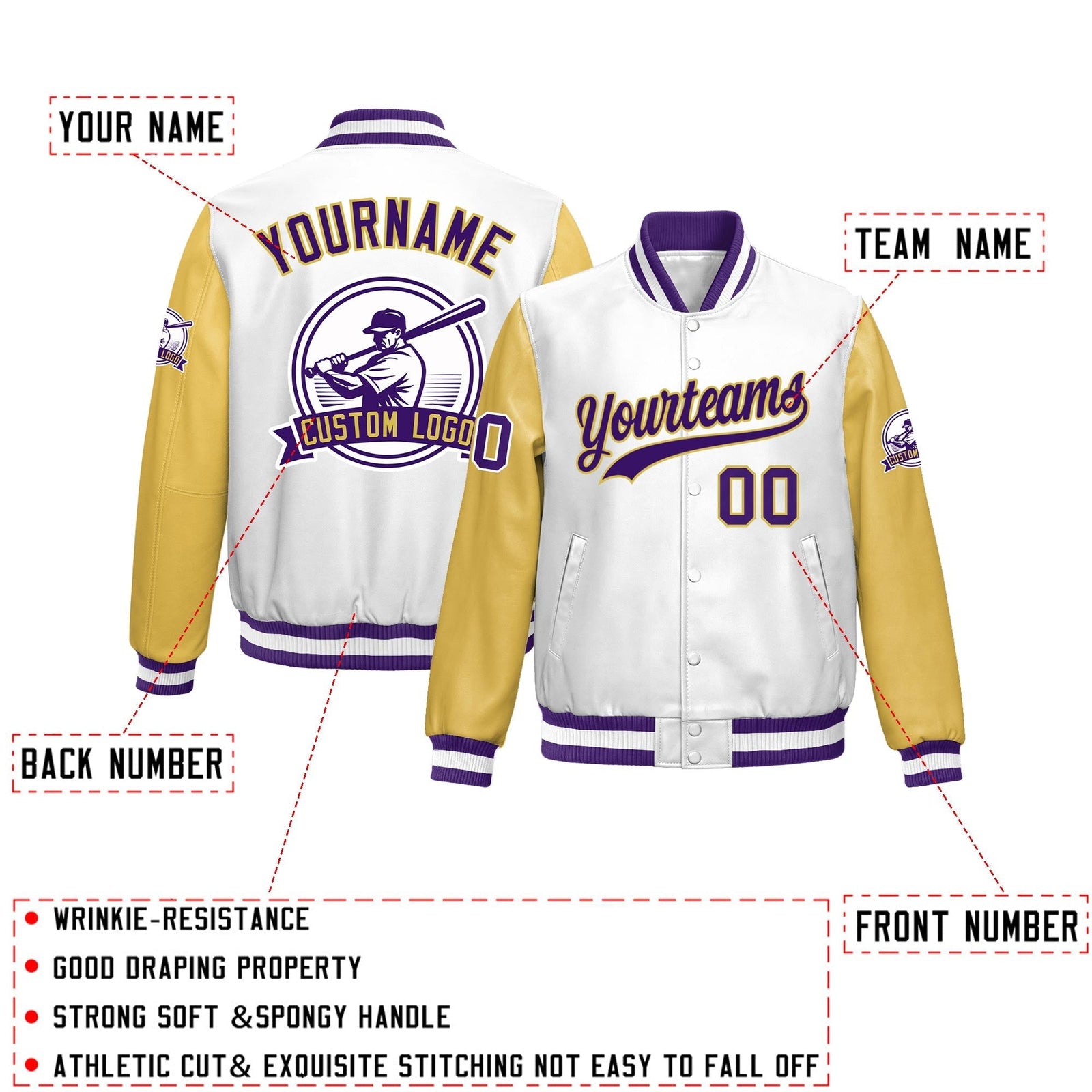 Custom Khaki Purple Raglan Sleeves Full-Snap Faux Leather Letterman Jacket| KXKSHOP