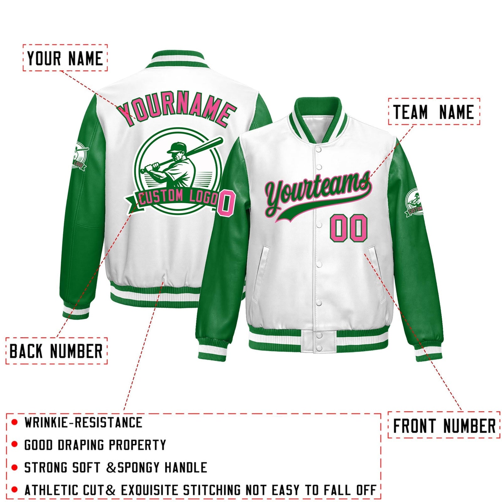 Custom Kelly Green White Raglan Sleeves Full-Snap Faux Leather Letterman Jacket| KXKSHOP