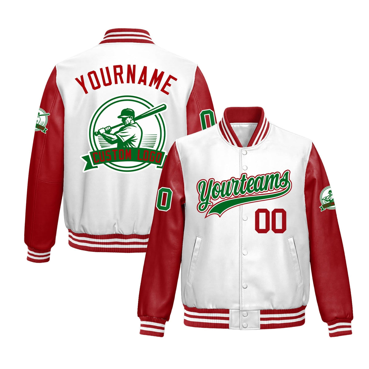 Custom Red White Raglan Sleeves Full-Snap Faux Leather Letterman Jacket| KXKSHOP