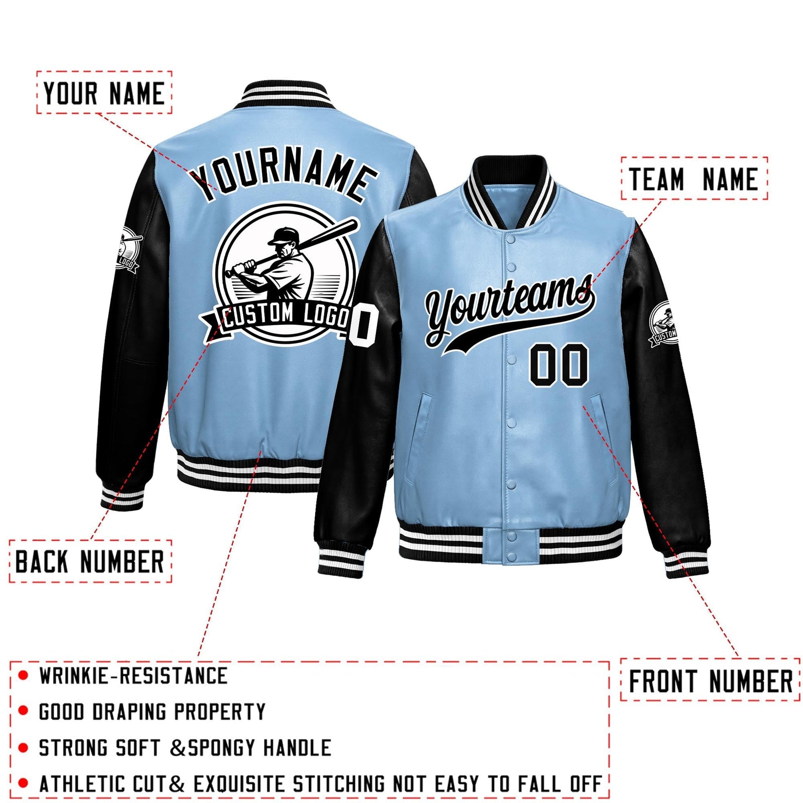 Custom Powder Blue Black Raglan Sleeves Full-Snap Faux Leather Letterman Jacket| KXKSHOP