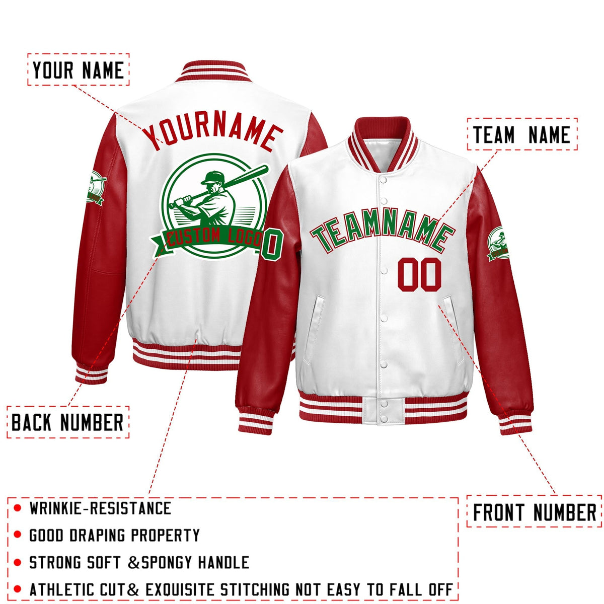 Custom Red White Raglan Sleeves Full-Snap Faux Leather Letterman Jacket| KXKSHOP