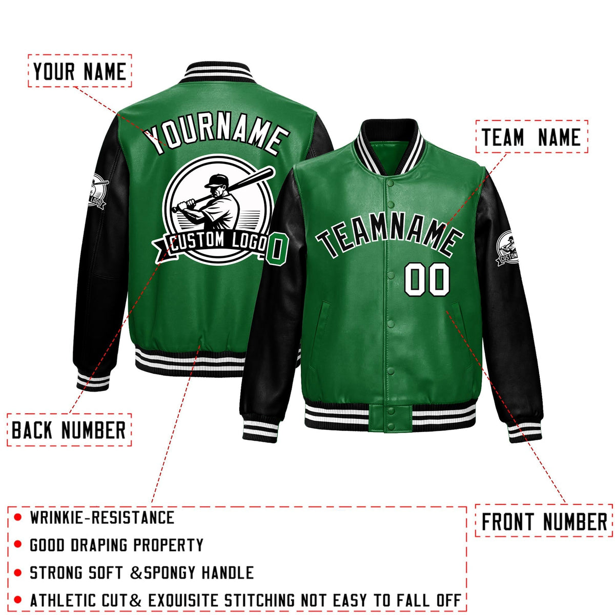 Custom Kelly Green Black Raglan Sleeves Full-Snap Faux Leather Letterman Jacket| KXKSHOP