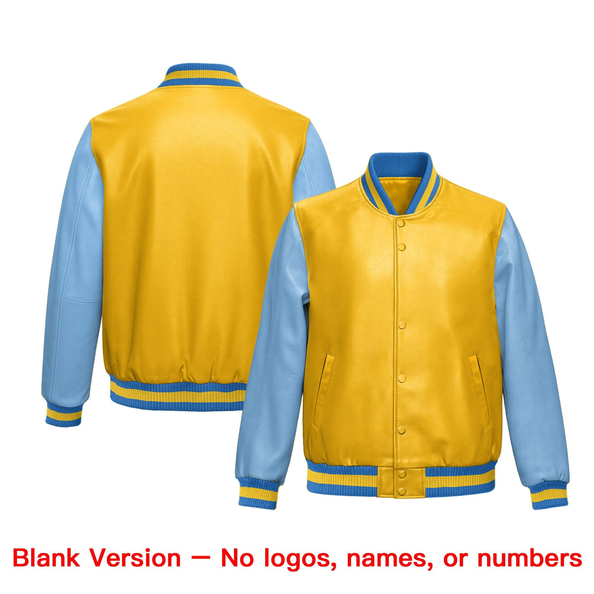 Custom Yellow Powder Blue Raglan Sleeves Full-Snap Faux Leather Letterman Jacket| KXKSHOP