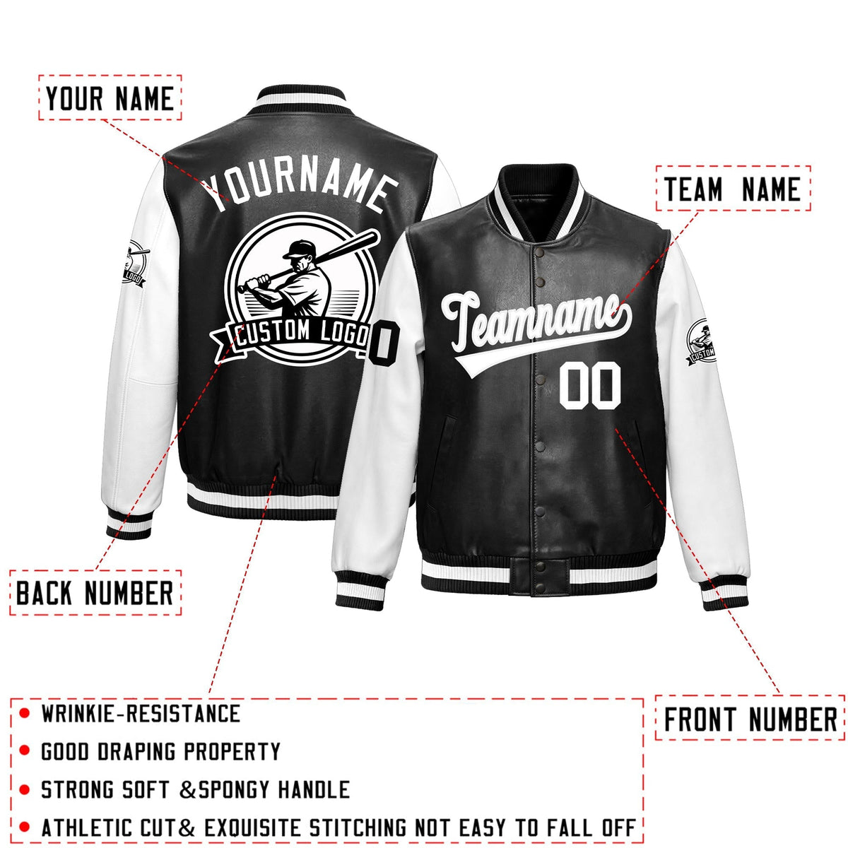 Custom Black White Raglan Sleeves Full-Snap Faux Leather Letterman Jacket| KXKSHOP