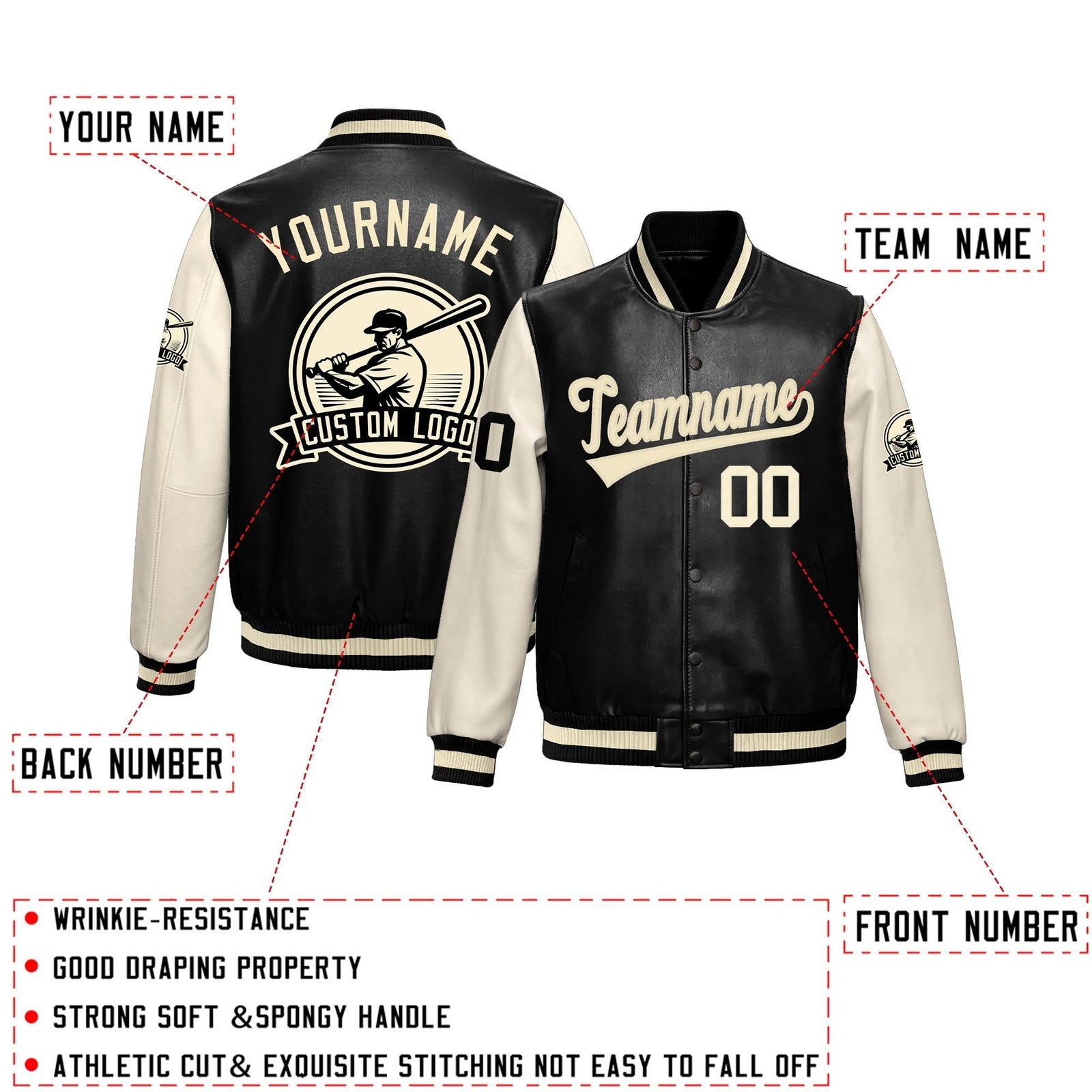 Custom Black Cream Raglan Sleeves Full-Snap Faux Leather Letterman Jacket| KXKSHOP