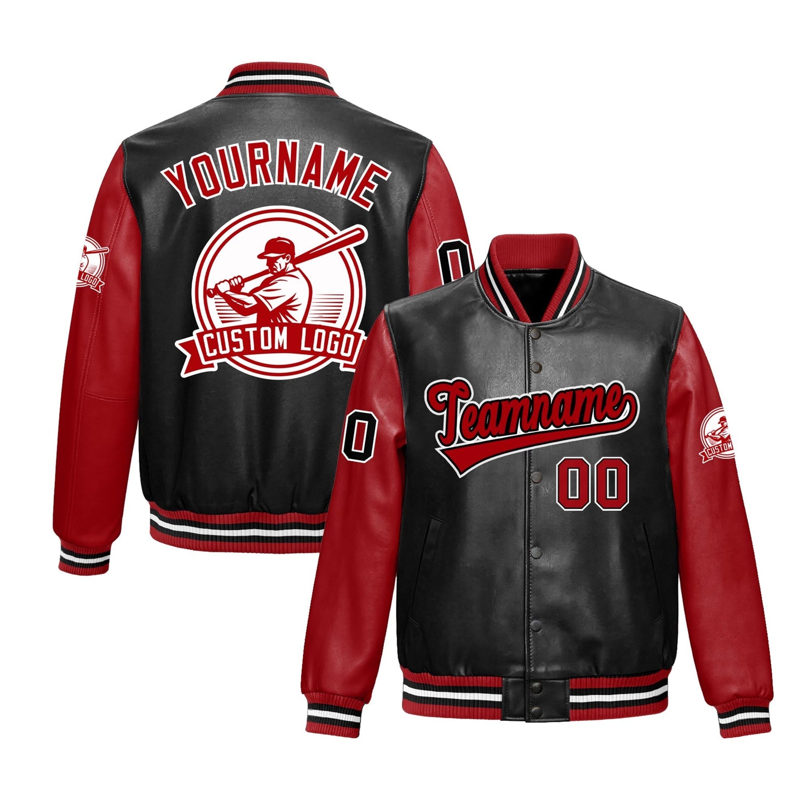 Custom Black Red Raglan Sleeves Full-Snap Faux Leather Letterman Jacket| KXKSHOP