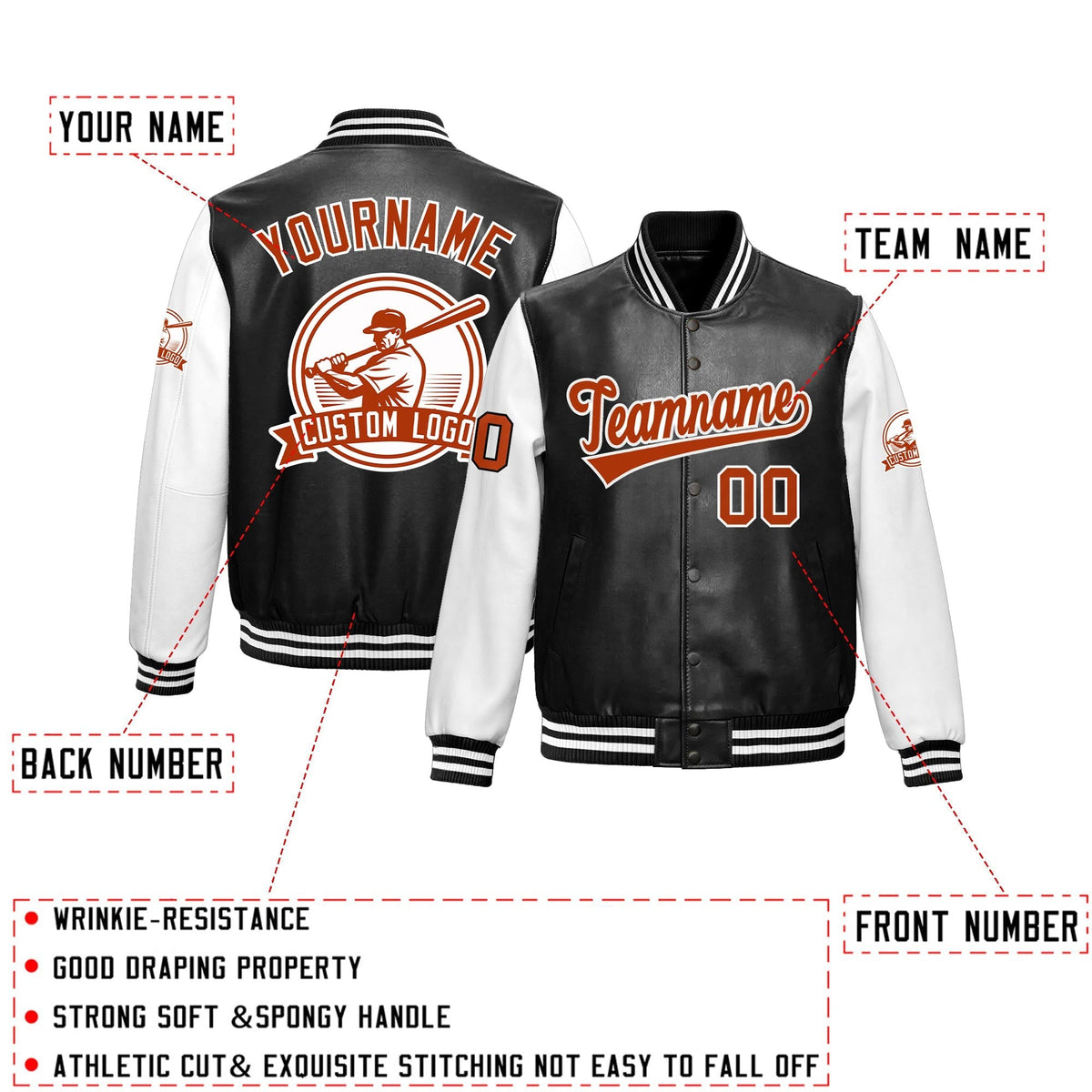 Custom Black White Raglan Sleeves Full-Snap Faux Leather Letterman Jacket| KXKSHOP