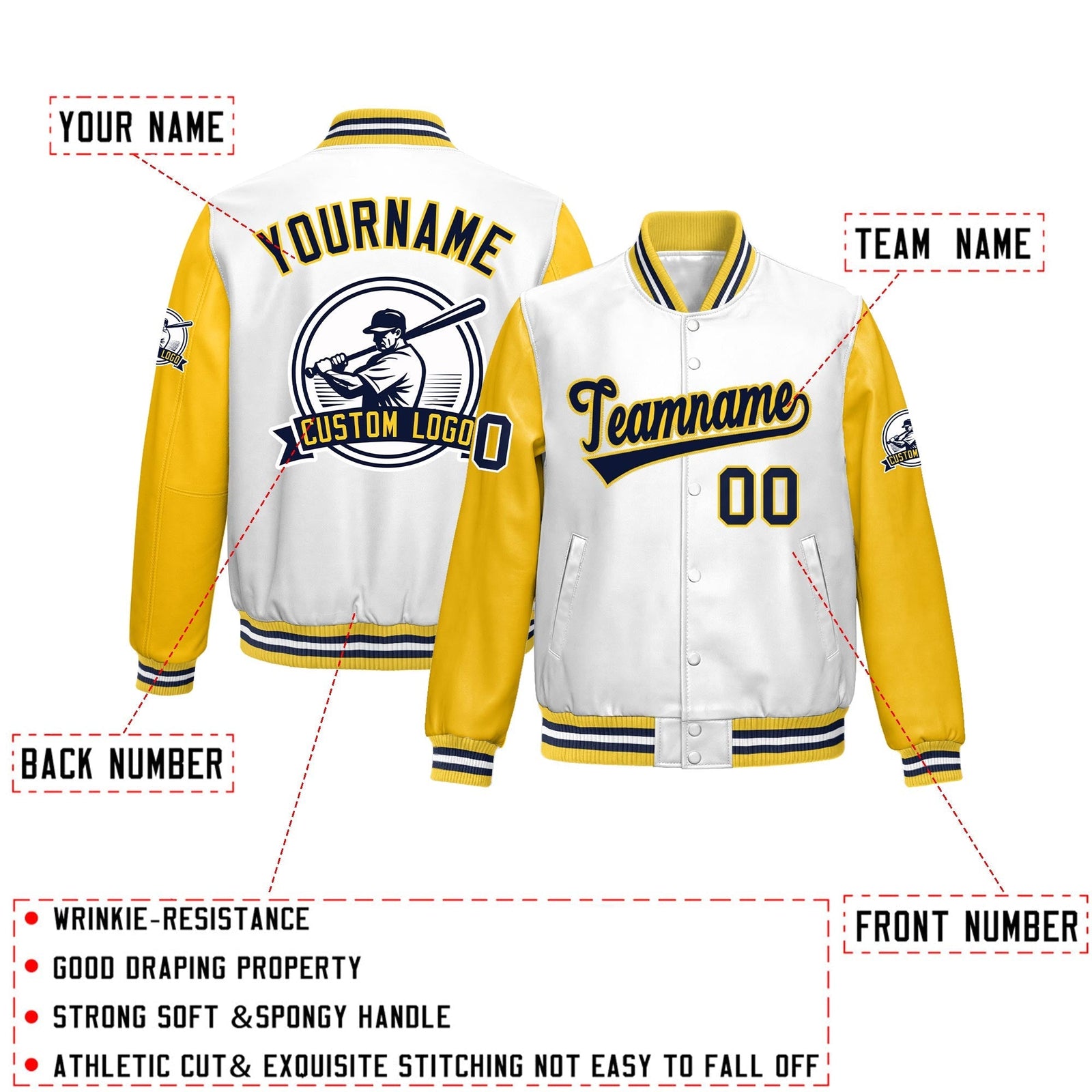 Custom Yellow White Raglan Sleeves Full-Snap Faux Leather Letterman Jacket| KXKSHOP