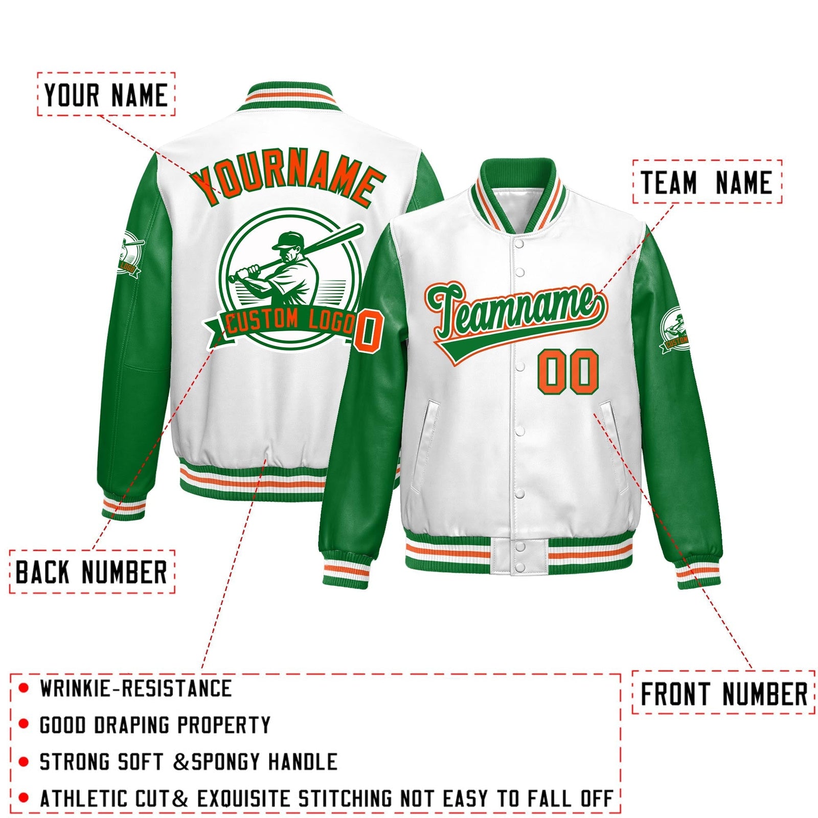 Custom Kelly Green White Orange Raglan Sleeves Full-Snap Faux Leather Letterman Jacket| KXKSHOP