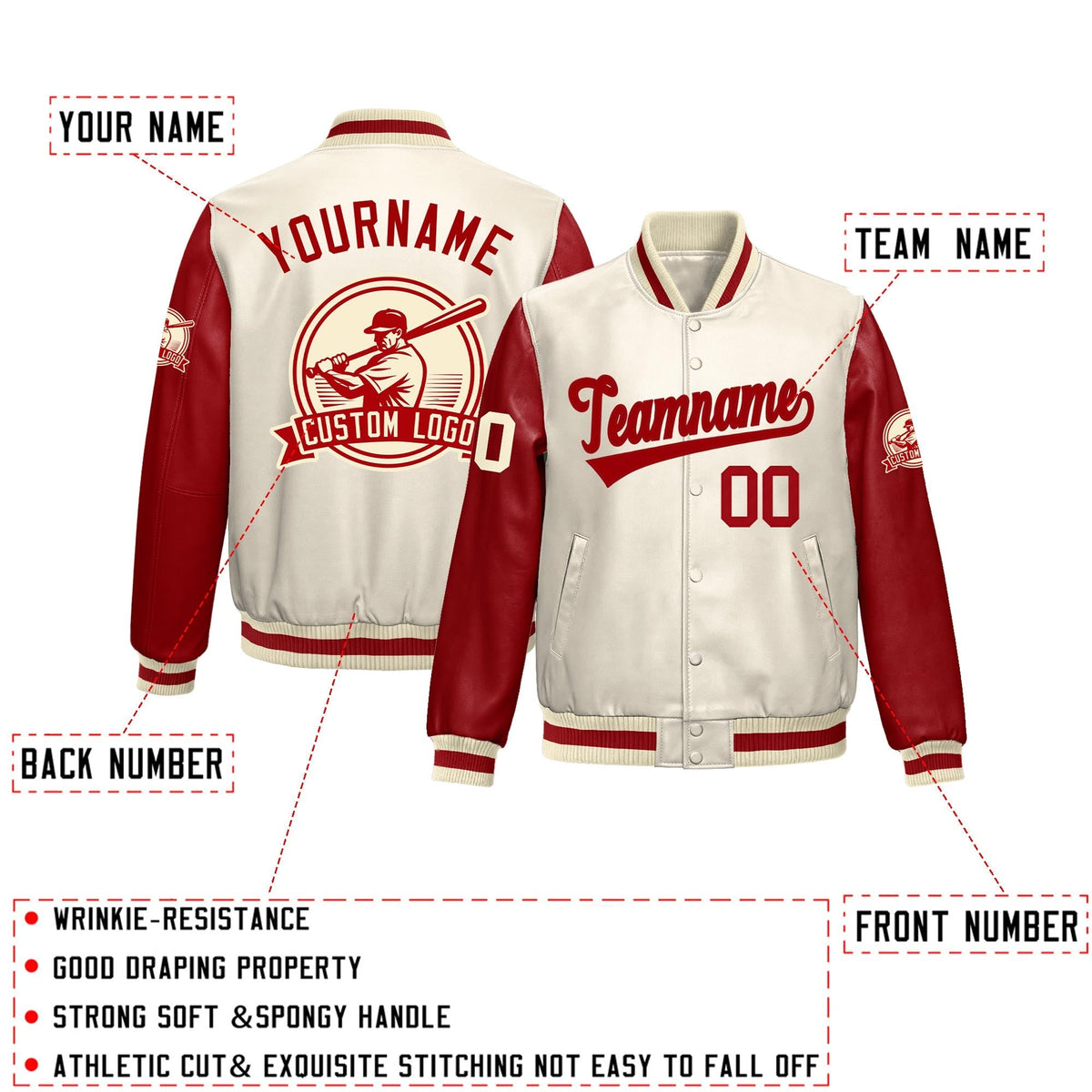 Custom Cream Red Raglan Sleeves Full-Snap Faux Leather Letterman Jacket| KXKSHOP