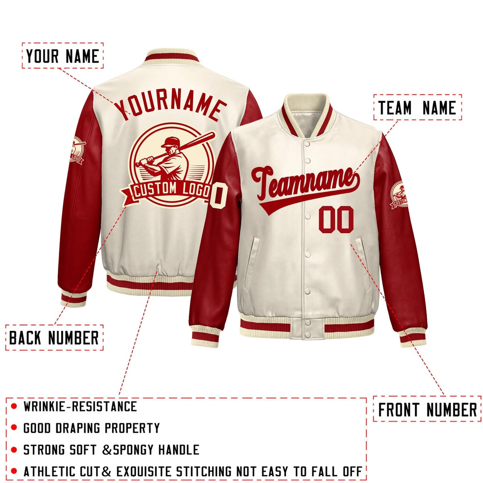 Custom Cream Red Raglan Sleeves Full-Snap Faux Leather Letterman Jacket| KXKSHOP