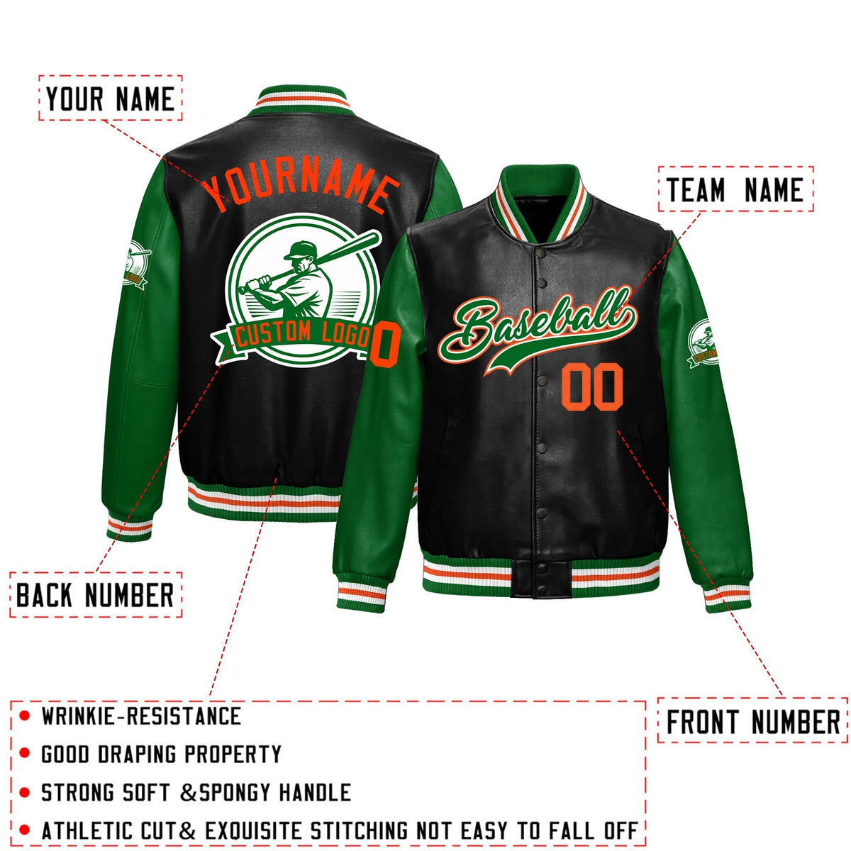 Custom Black Kelly Green Raglan Sleeves Full-Snap Faux Leather Letterman Jacket| KXKSHOP