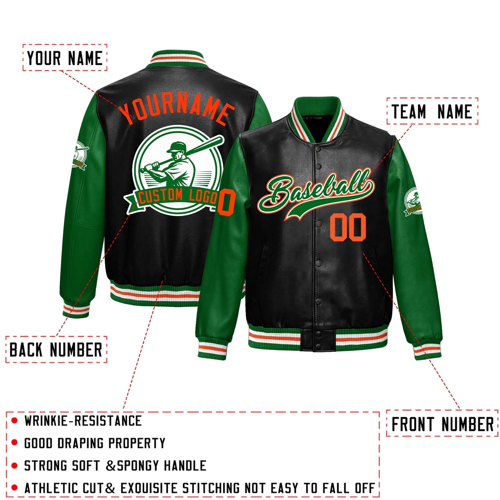 Custom Black Kelly Green Raglan Sleeves Full-Snap Faux Leather Letterman Jacket| KXKSHOP