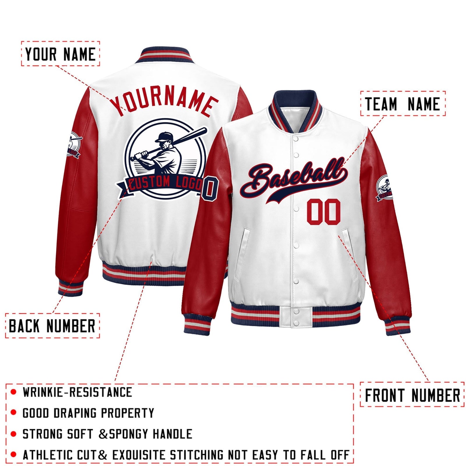 Custom Navy Red Raglan Sleeves Full-Snap Faux Leather Letterman Jacket| KXKSHOP