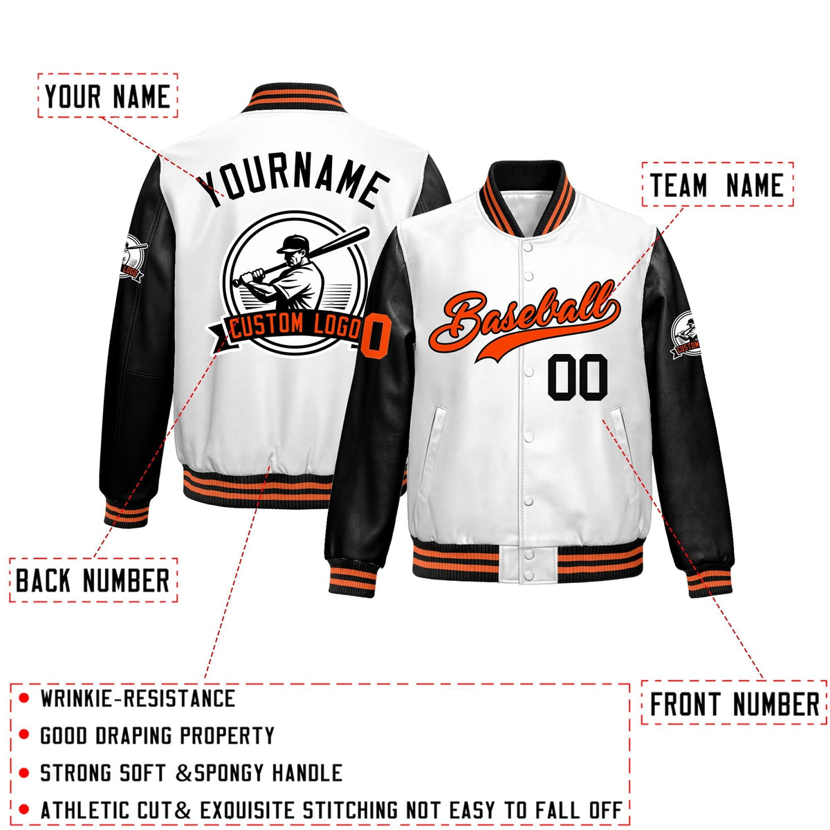 Custom Black White Raglan Sleeves Full-Snap Faux Leather Letterman Jacket| KXKSHOP