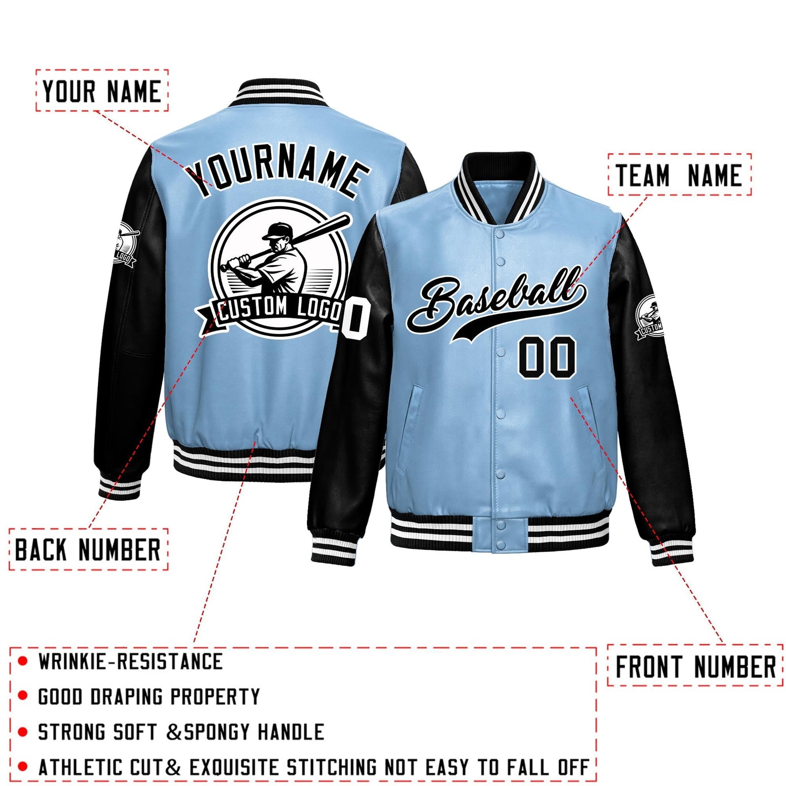 Custom Powder Blue Black Raglan Sleeves Full-Snap Faux Leather Letterman Jacket| KXKSHOP