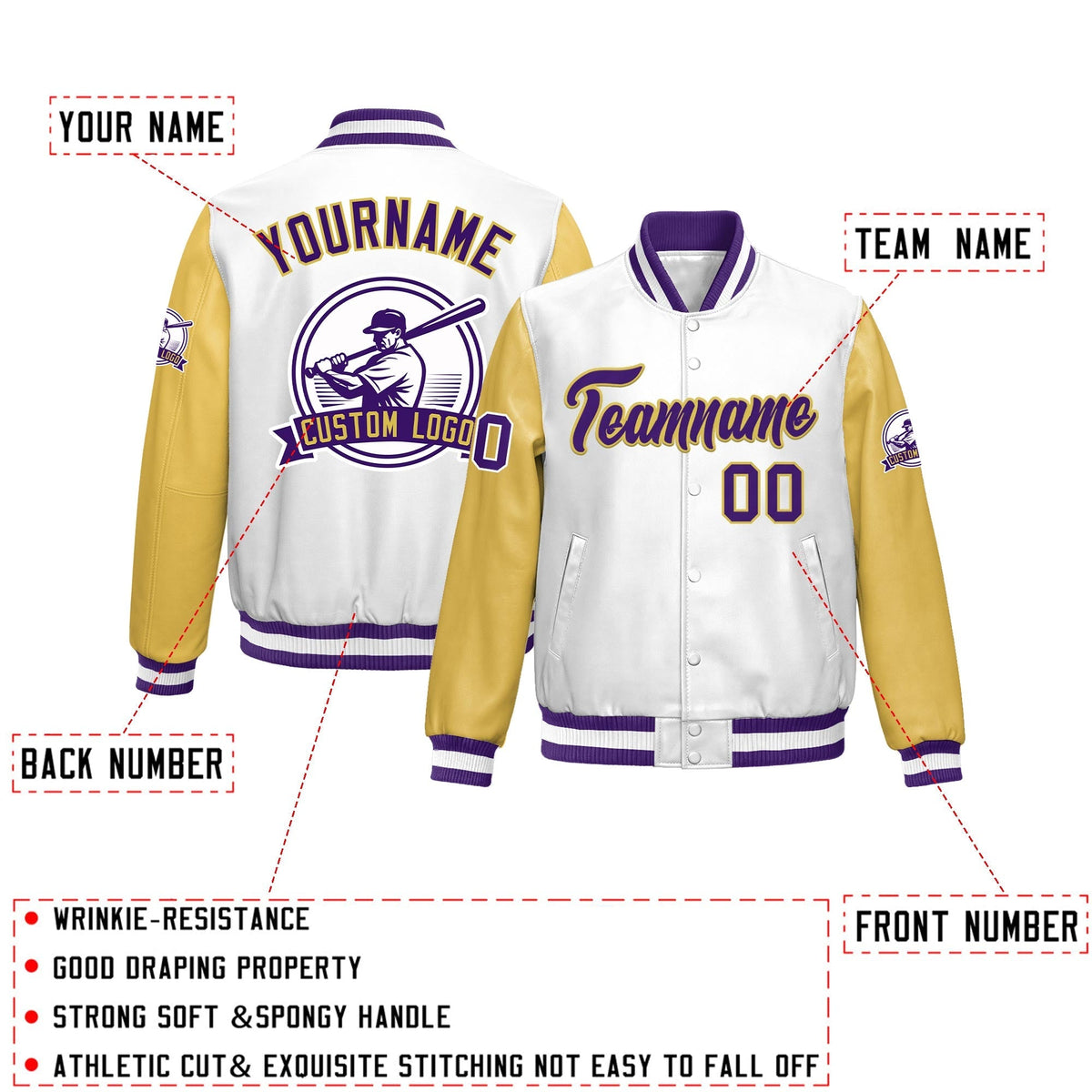 Custom Khaki Purple Raglan Sleeves Full-Snap Faux Leather Letterman Jacket| KXKSHOP