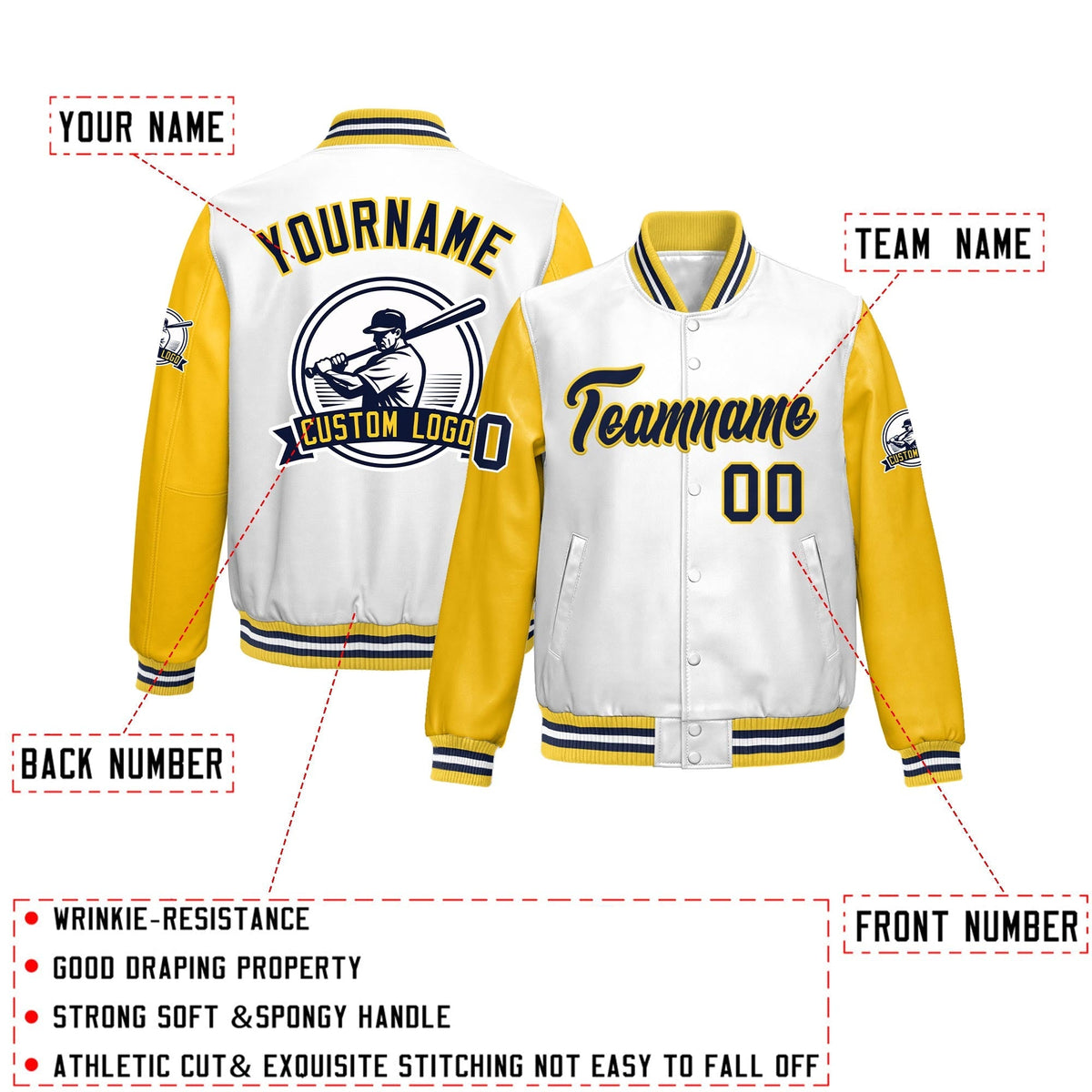 Custom Yellow White Raglan Sleeves Full-Snap Faux Leather Letterman Jacket| KXKSHOP