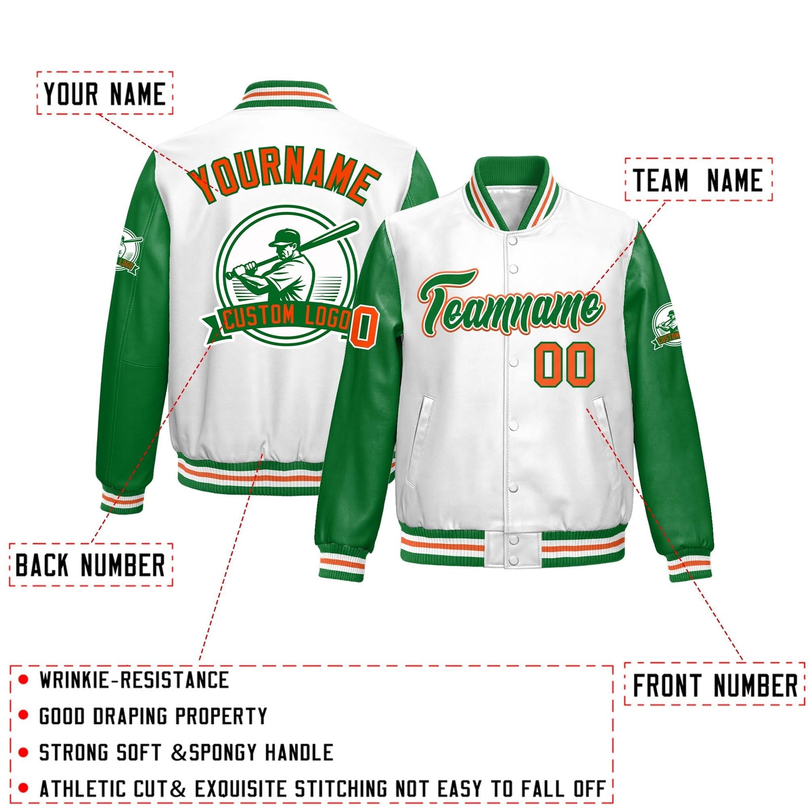 Custom Kelly Green White Orange Raglan Sleeves Full-Snap Faux Leather Letterman Jacket| KXKSHOP