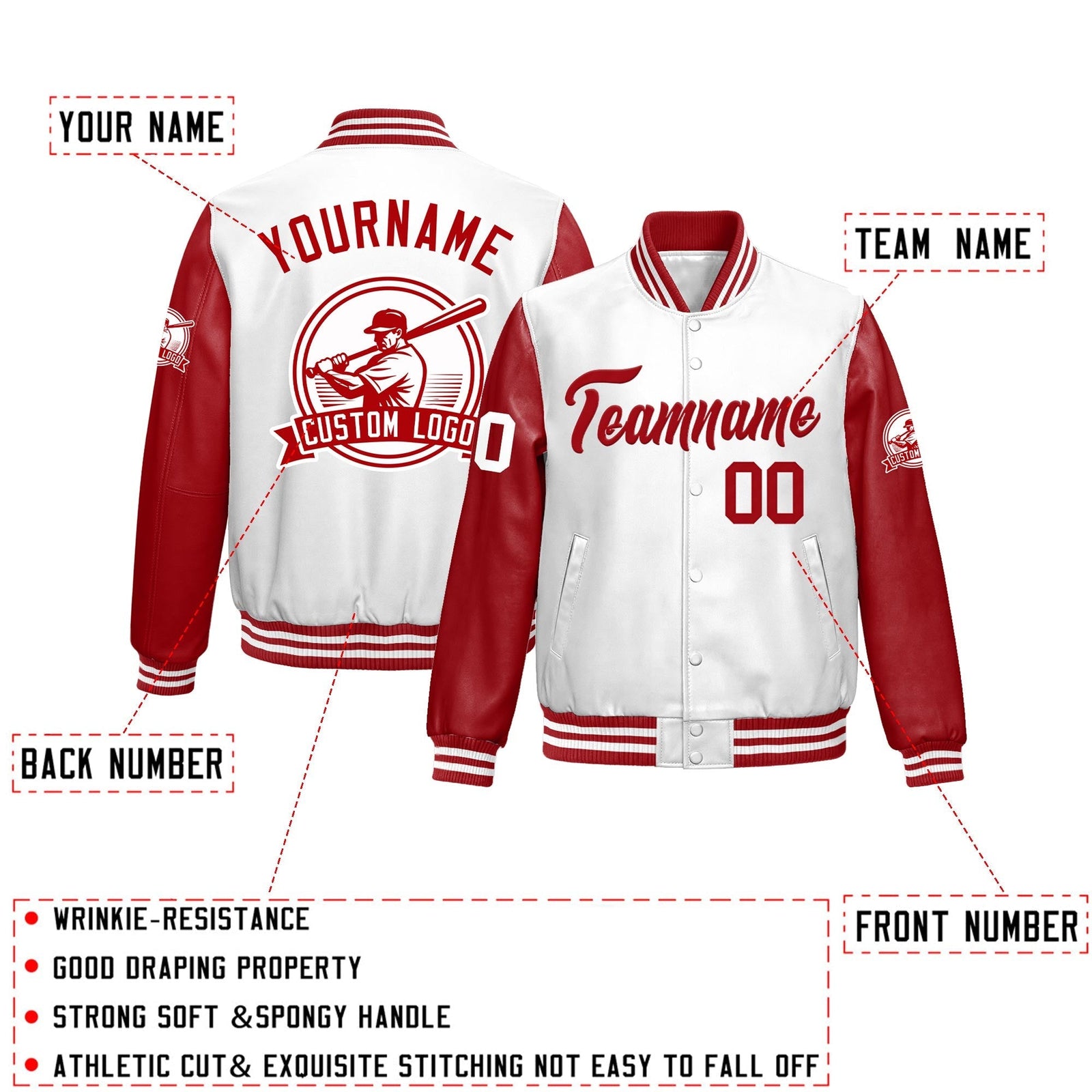 Custom Red White Raglan Sleeves Full-Snap Faux Leather Letterman Jacket| KXKSHOP