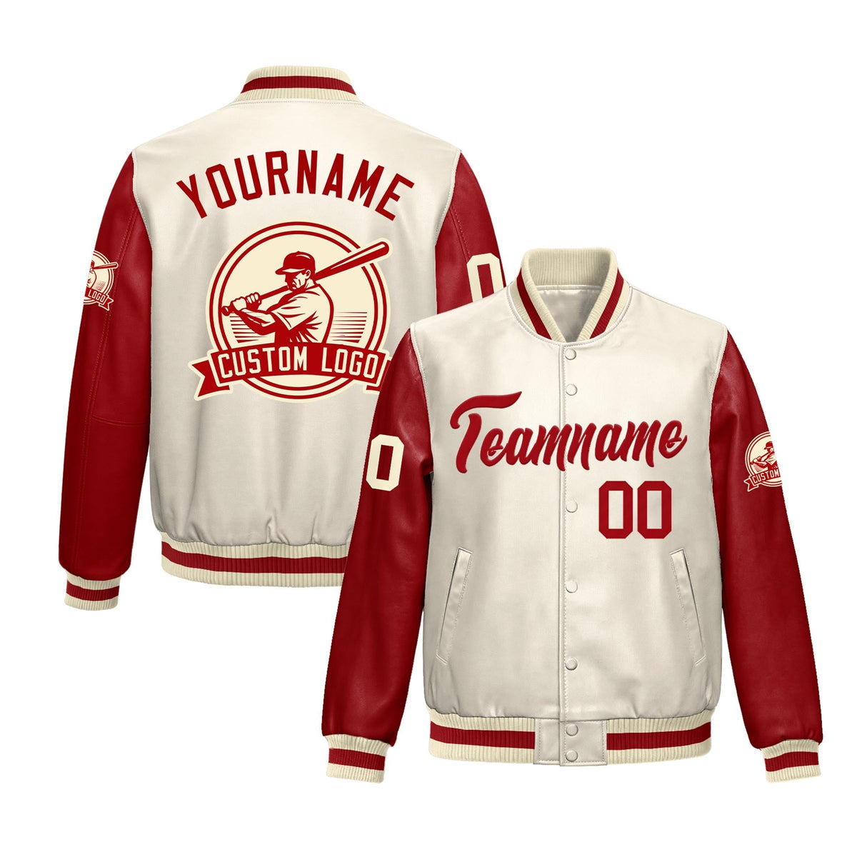 Custom Cream Red Raglan Sleeves Full-Snap Faux Leather Letterman Jacket| KXKSHOP
