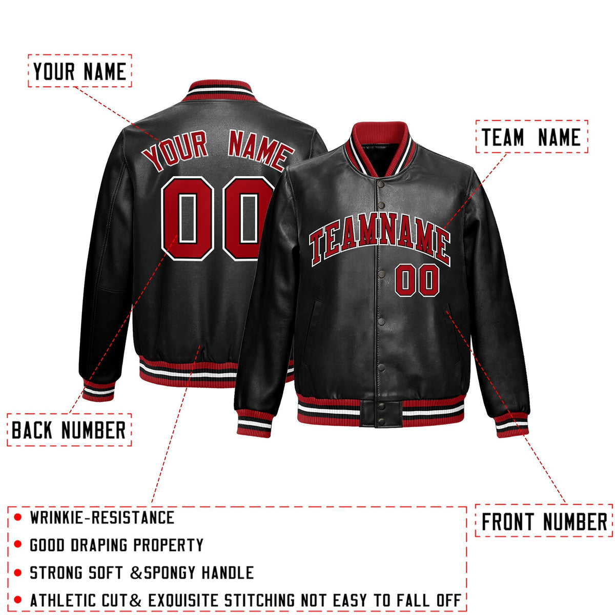 Custom Black Red Full-Snap Varsity Faux Leather Letterman Jacket| KXKSHOP