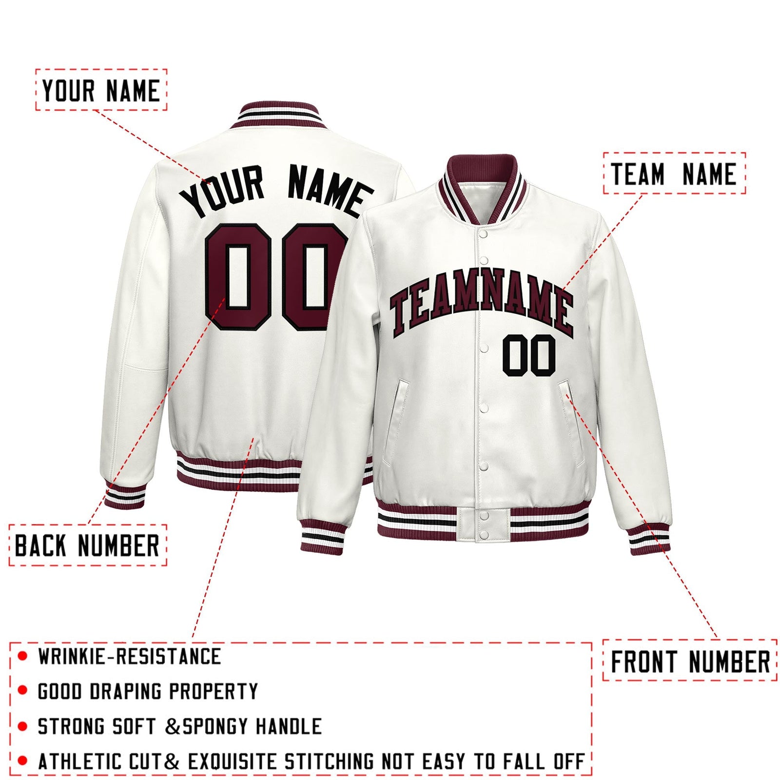 Custom White Crimson Full-Snap Varsity Faux Leather Letterman Jacket| KXKSHOP