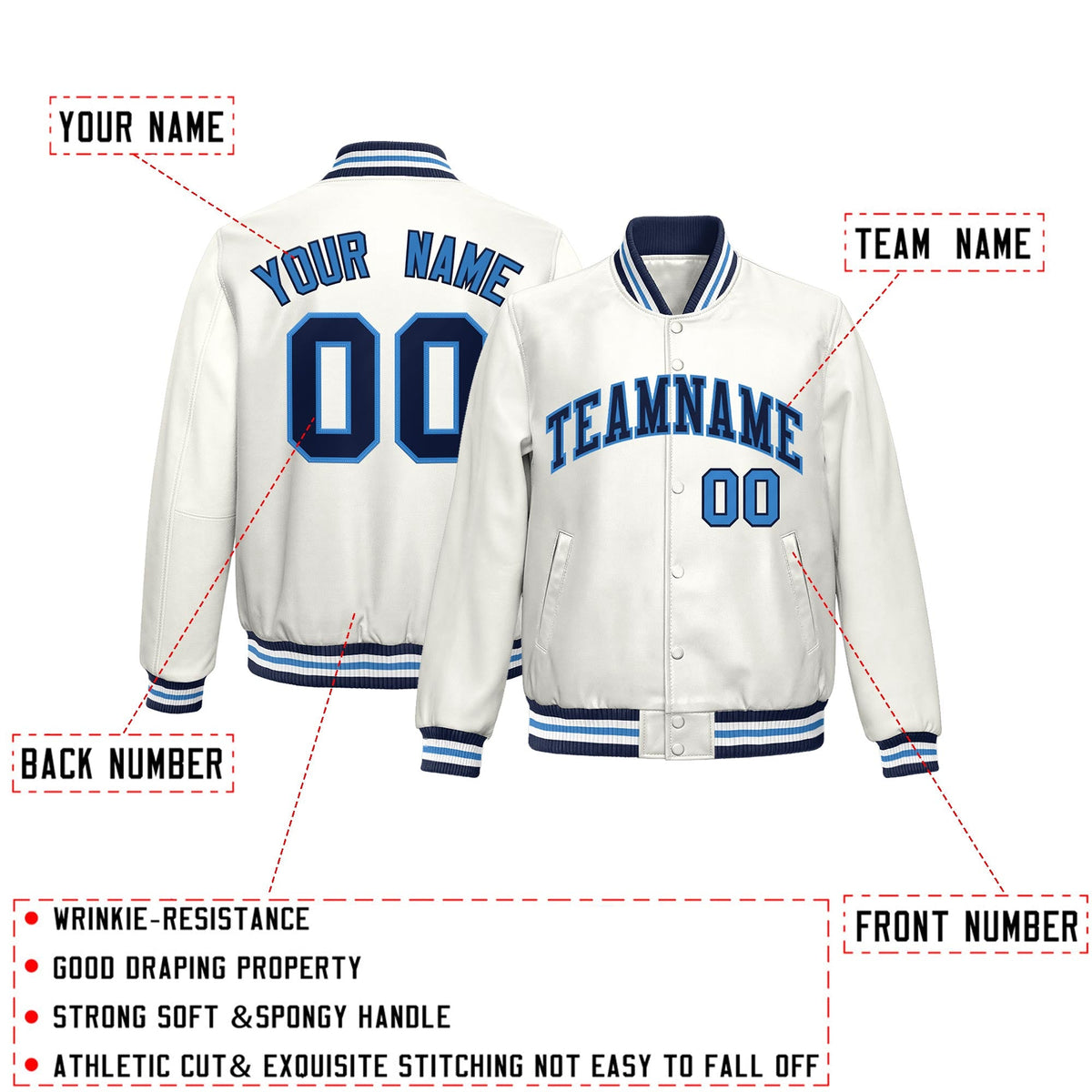Custom White Light Blue Full-Snap Varsity Faux Leather Letterman Jacket| KXKSHOP