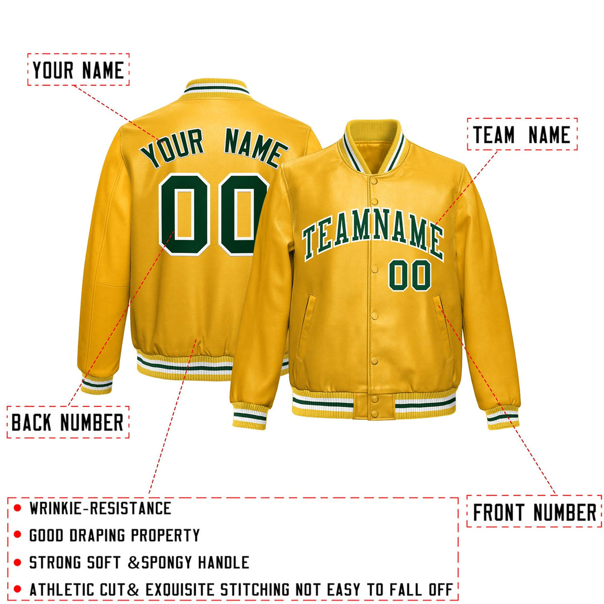 Custom Yellow Dark Green Full-Snap Varsity Faux Leather Letterman Jacket| KXKSHOP